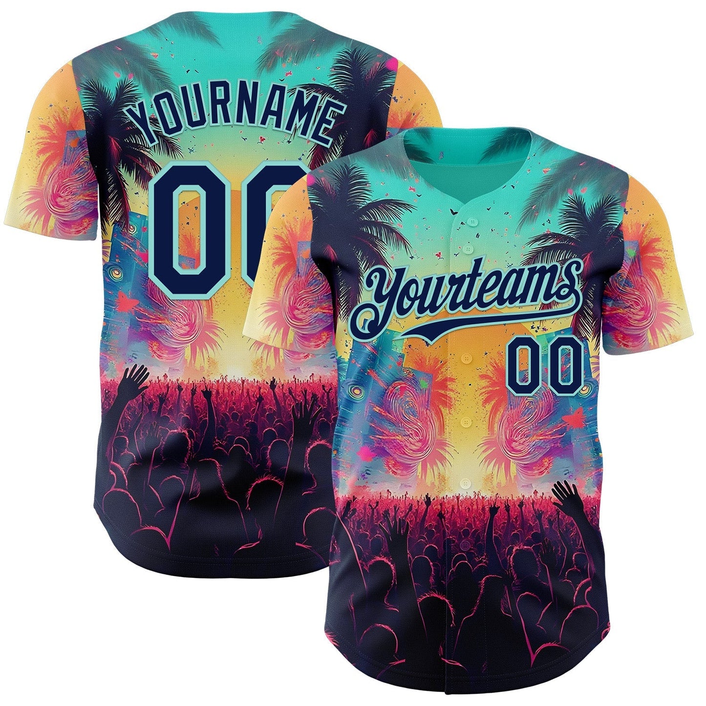 Custom Ice Blue-Navy Cyber Tropical Palm Trees Music Festival Authentic Baseball Jersey baseball jersey product view 1