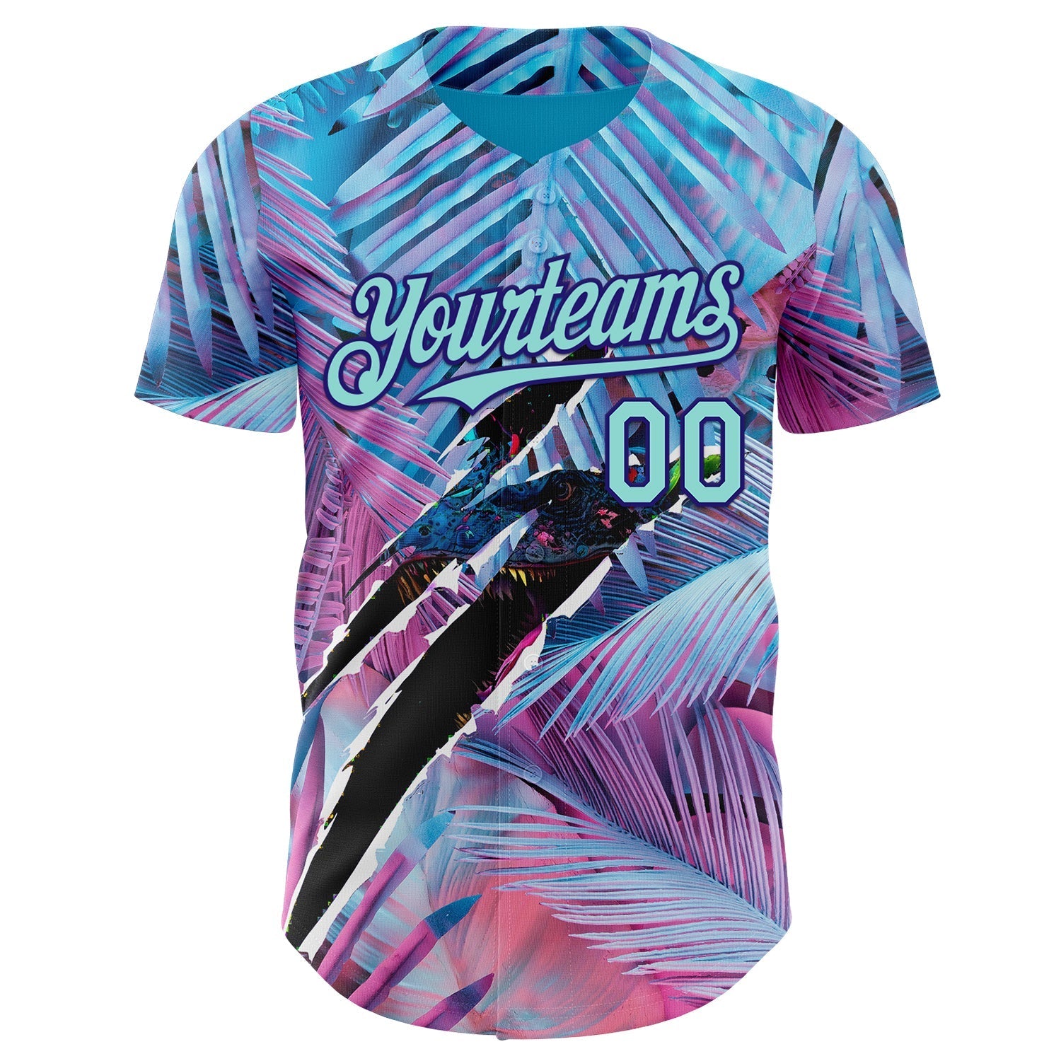 Custom Blue Ice Blue Pink-Dark Purple Cyber Tropical Palm Trees Music Festival Gothic Fantasy Authentic Baseball Jersey baseball jersey product view 2