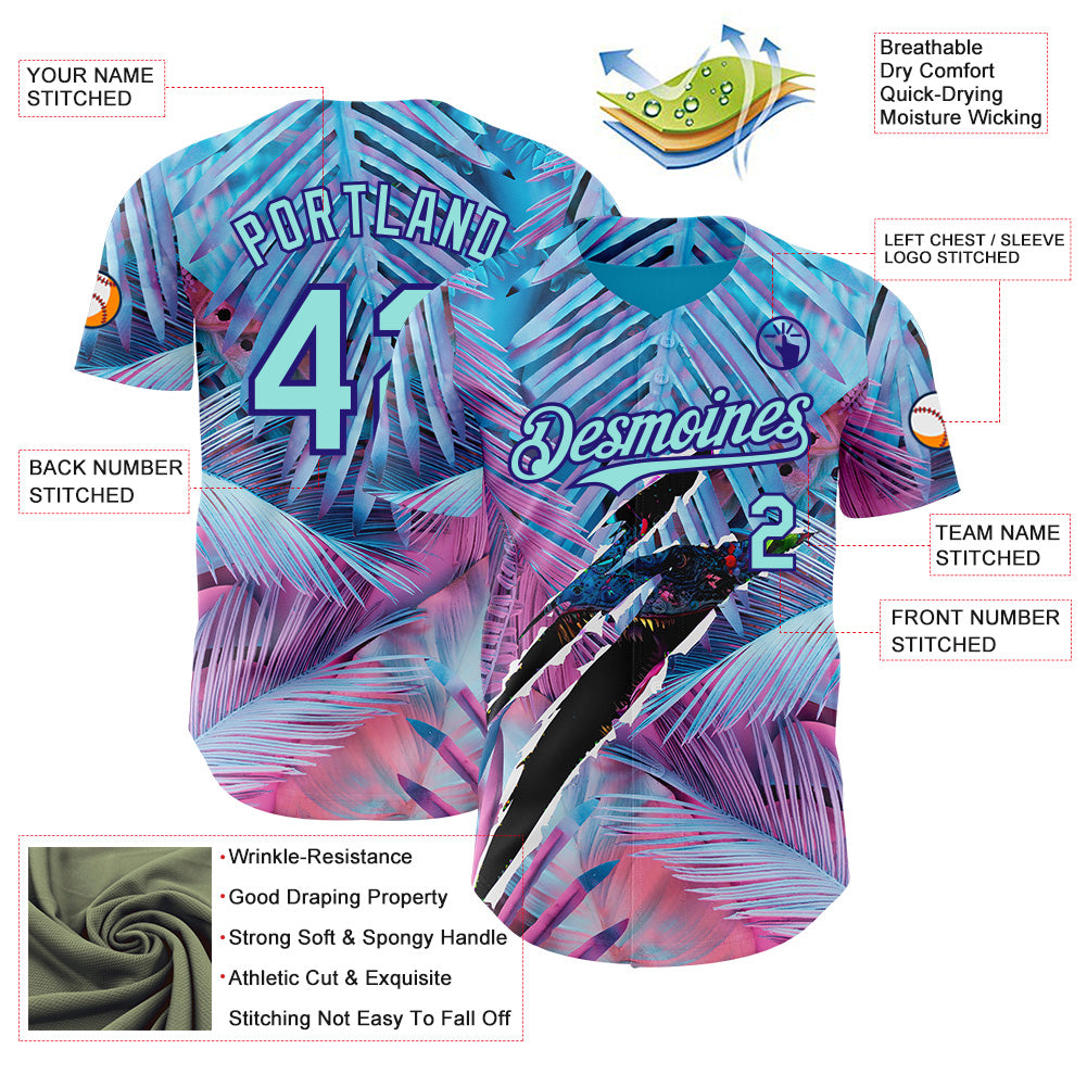 Custom Blue Ice Blue Pink-Dark Purple Cyber Tropical Palm Trees Music Festival Gothic Fantasy Authentic Baseball Jersey baseball jersey product view 3