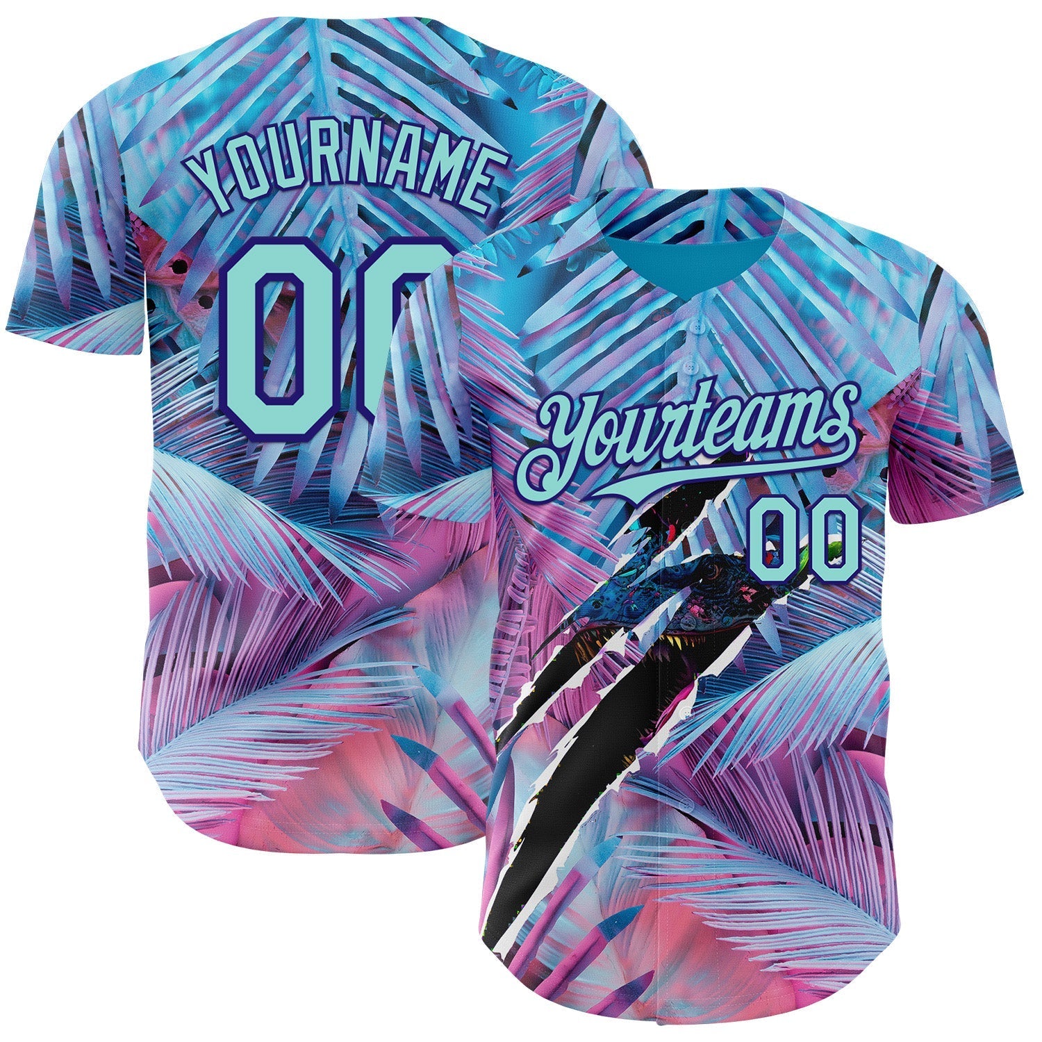 Custom Blue Ice Blue Pink-Dark Purple Cyber Tropical Palm Trees Music Festival Gothic Fantasy Authentic Baseball Jersey baseball jersey product view 1
