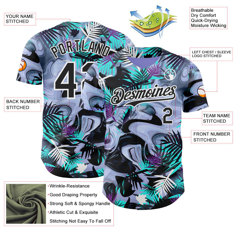 Custom Purple Black Green-White Cyber Tropical Palm Trees Music Festival Fluid Liquid Authentic Baseball Jersey baseball jersey product view 3