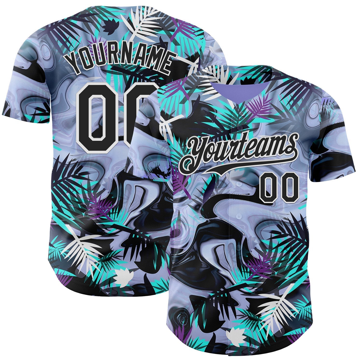 Custom Purple Black Green-White Cyber Tropical Palm Trees Music Festival Fluid Liquid Authentic Baseball Jersey baseball jersey product view 1