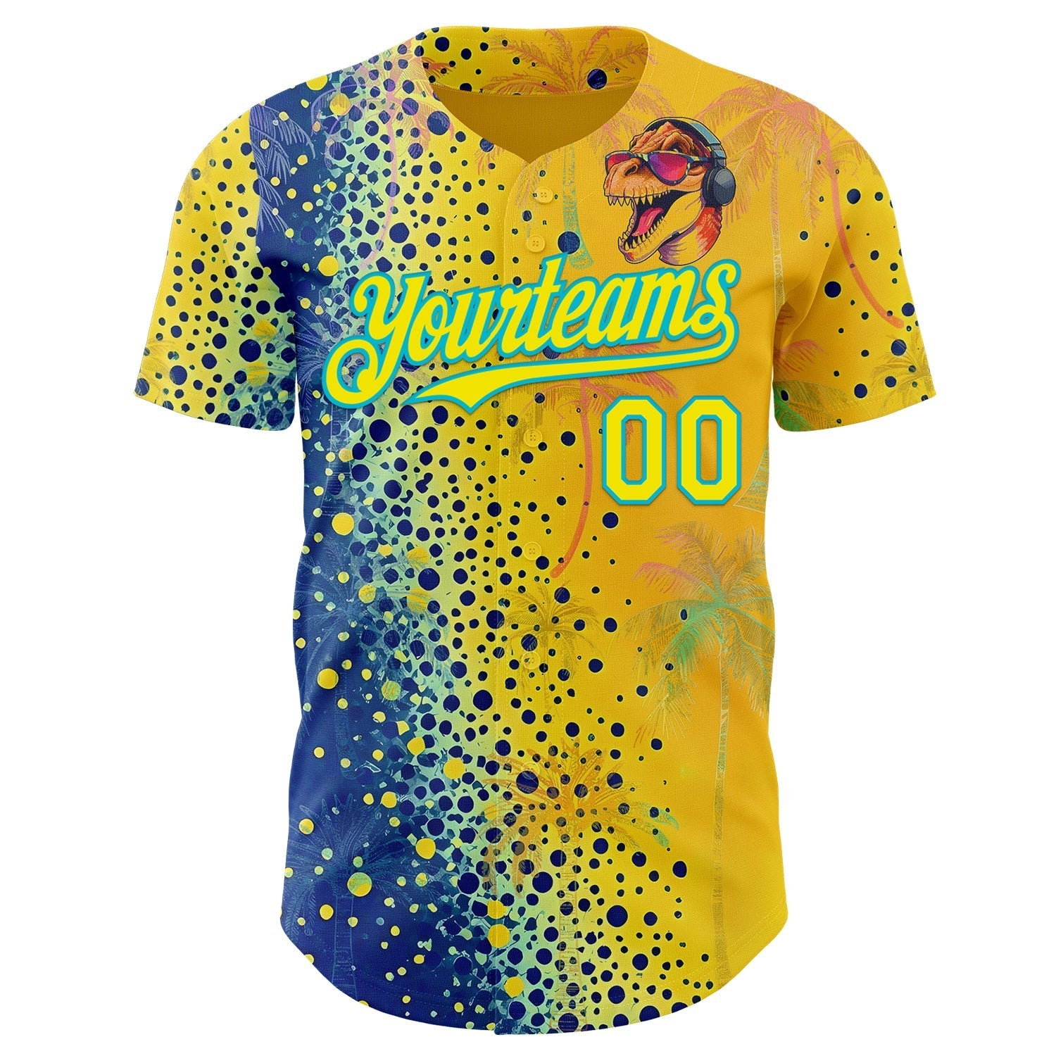 Custom Yellow Light Yellow Blue-Lakes Blue Cyber Tropical Palm Trees Music Festival Gradient Neon Polka Dot Authentic Baseball Jersey baseball jersey product view 2