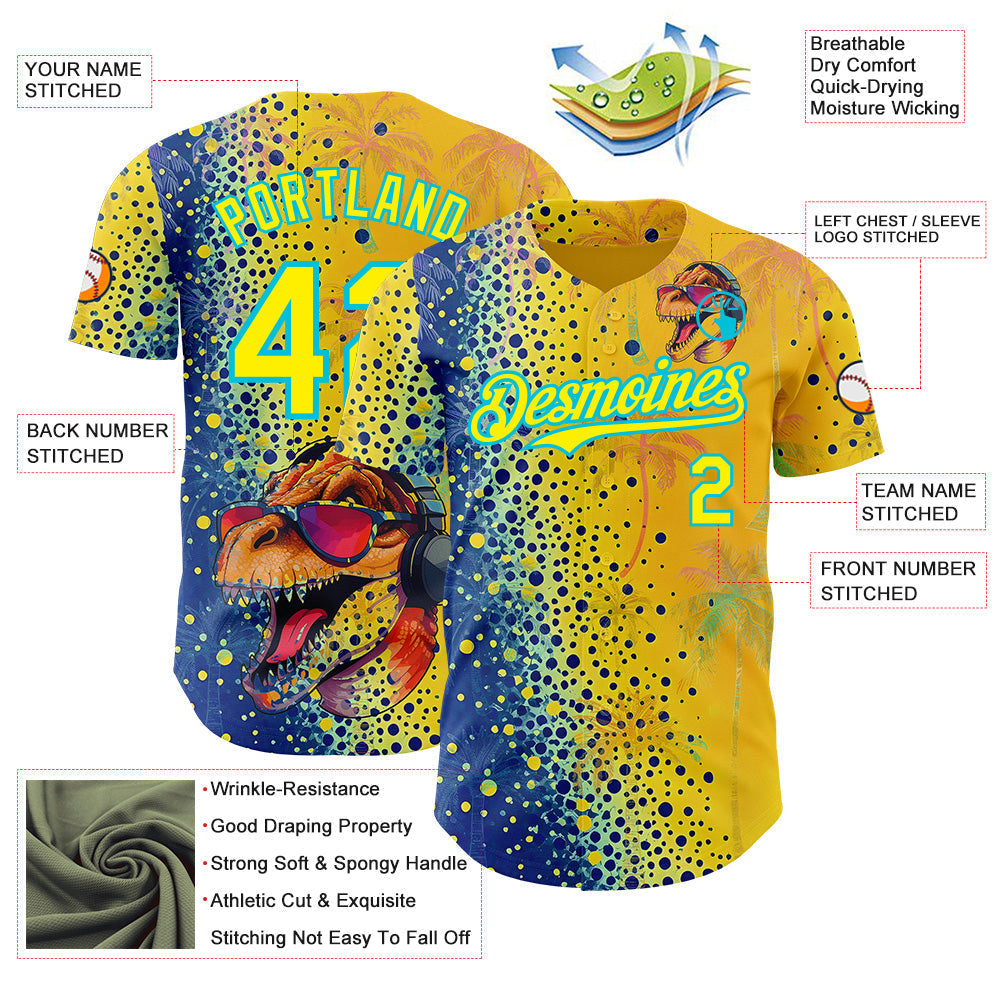Custom Yellow Light Yellow Blue-Lakes Blue Cyber Tropical Palm Trees Music Festival Gradient Neon Polka Dot Authentic Baseball Jersey baseball jersey product view 3