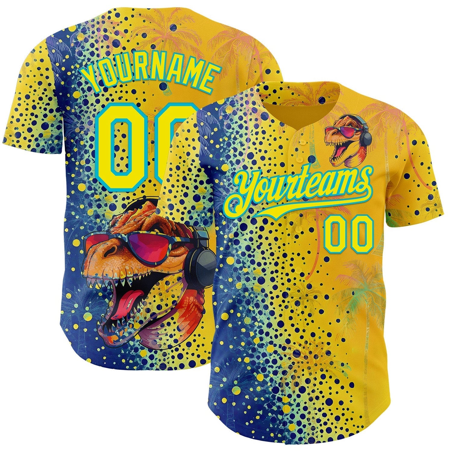 Custom Yellow Light Yellow Blue-Lakes Blue Cyber Tropical Palm Trees Music Festival Gradient Neon Polka Dot Authentic Baseball Jersey baseball jersey product view 1
