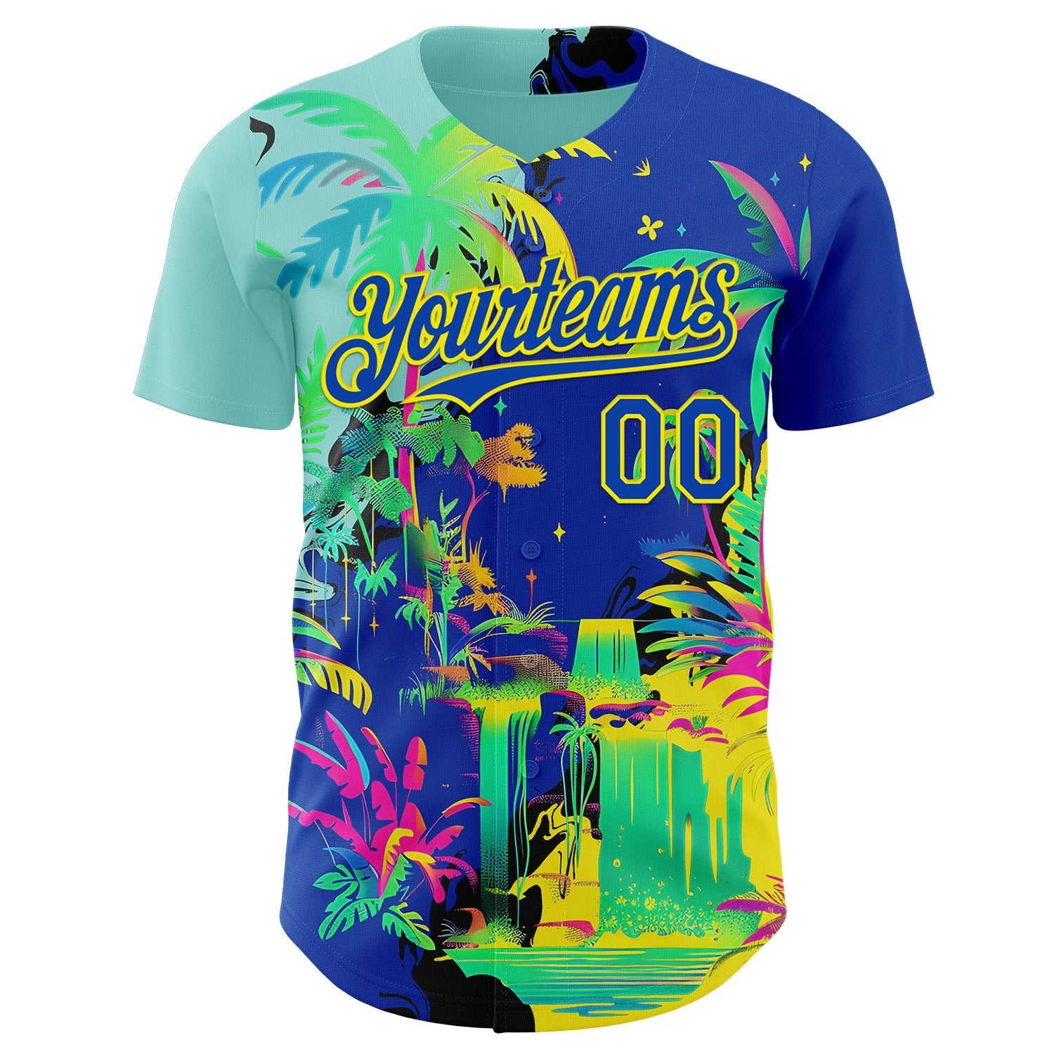 Custom Thunder Blue Green-Light Yellow Cyber Tropical Palm Trees Music Festival Authentic Baseball Jersey baseball jersey product view 2