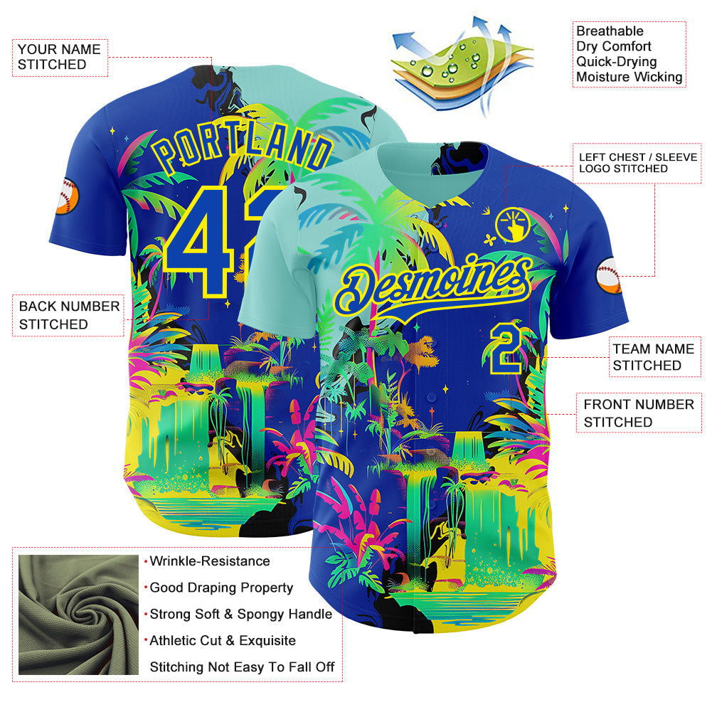 Custom Thunder Blue Green-Light Yellow Cyber Tropical Palm Trees Music Festival Authentic Baseball Jersey baseball jersey product view 3