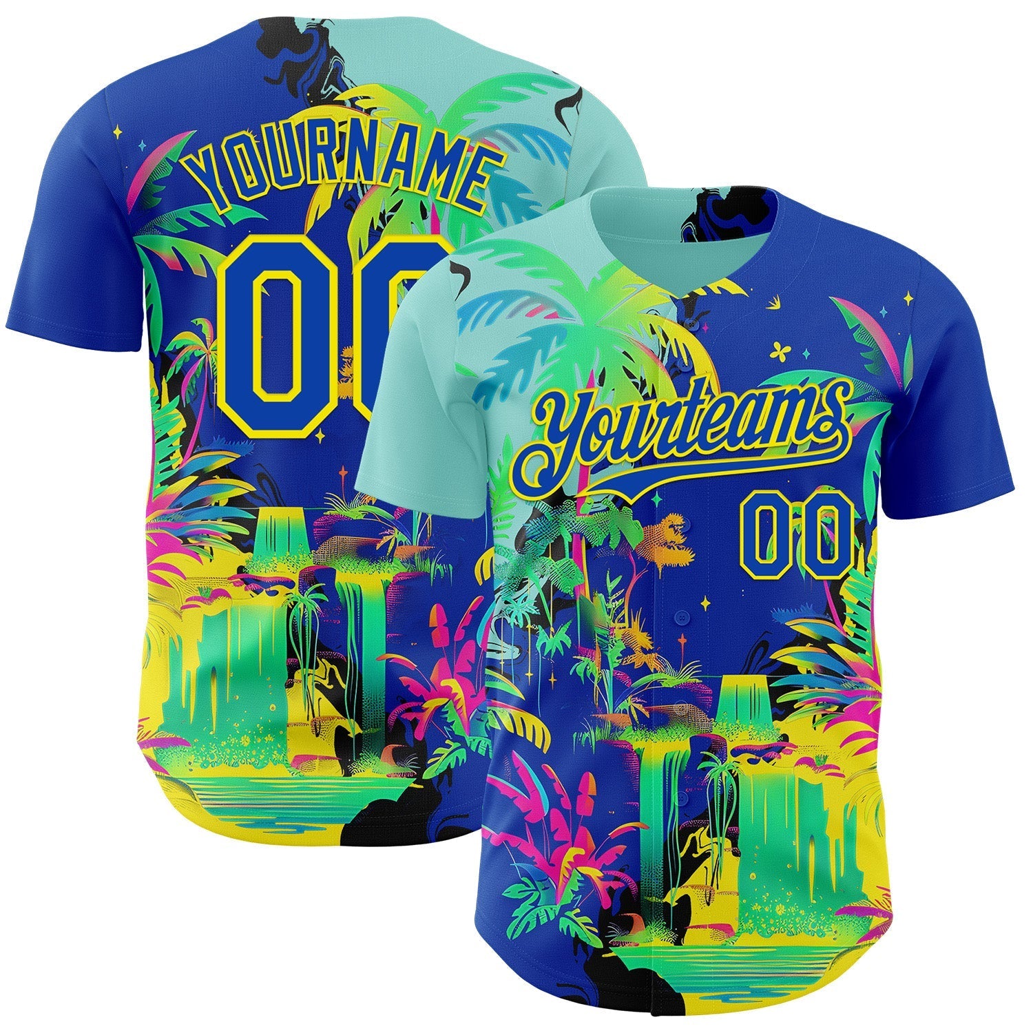 Custom Thunder Blue Green-Light Yellow Cyber Tropical Palm Trees Music Festival Authentic Baseball Jersey baseball jersey product view 1