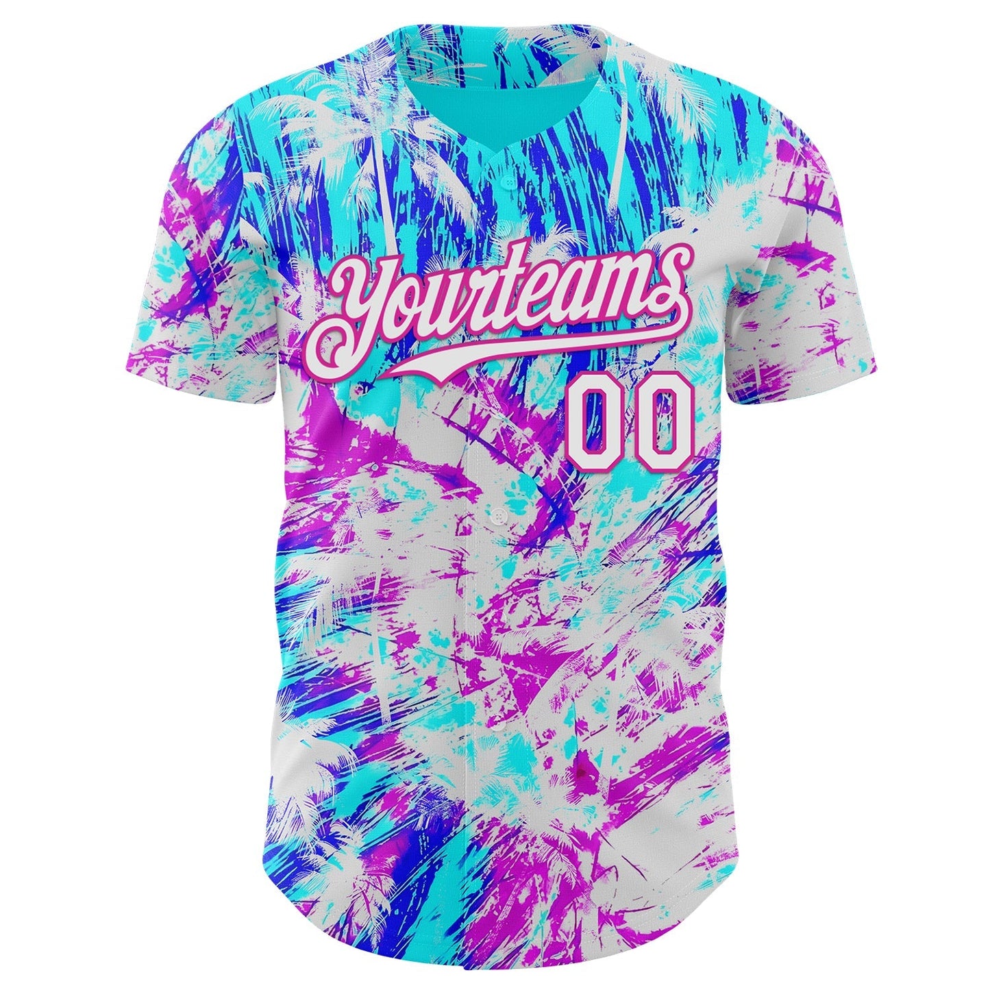 Custom Ice Blue White Blue-Deep Pink Cyber Tropical Palm Trees Music Festival Authentic Baseball Jersey baseball jersey product view 2
