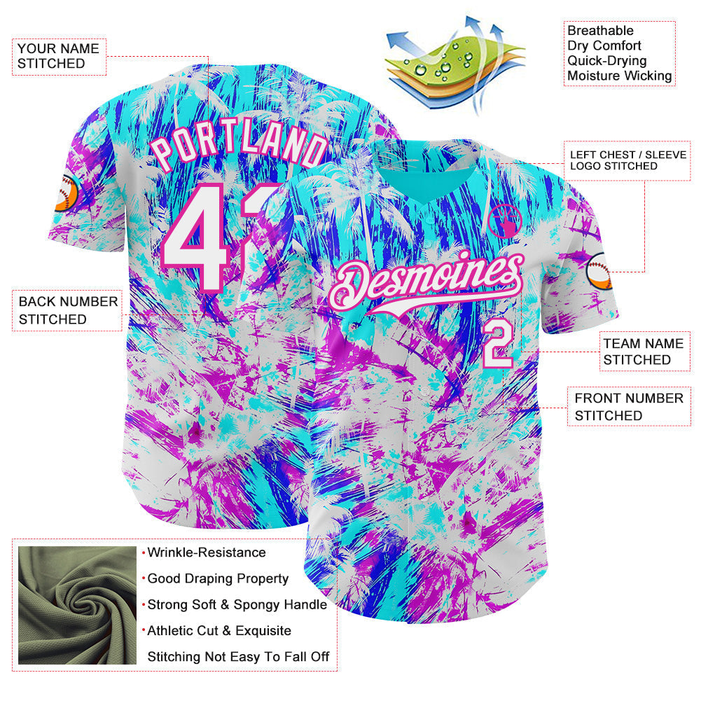 Custom Ice Blue White Blue-Deep Pink Cyber Tropical Palm Trees Music Festival Authentic Baseball Jersey baseball jersey product view 3