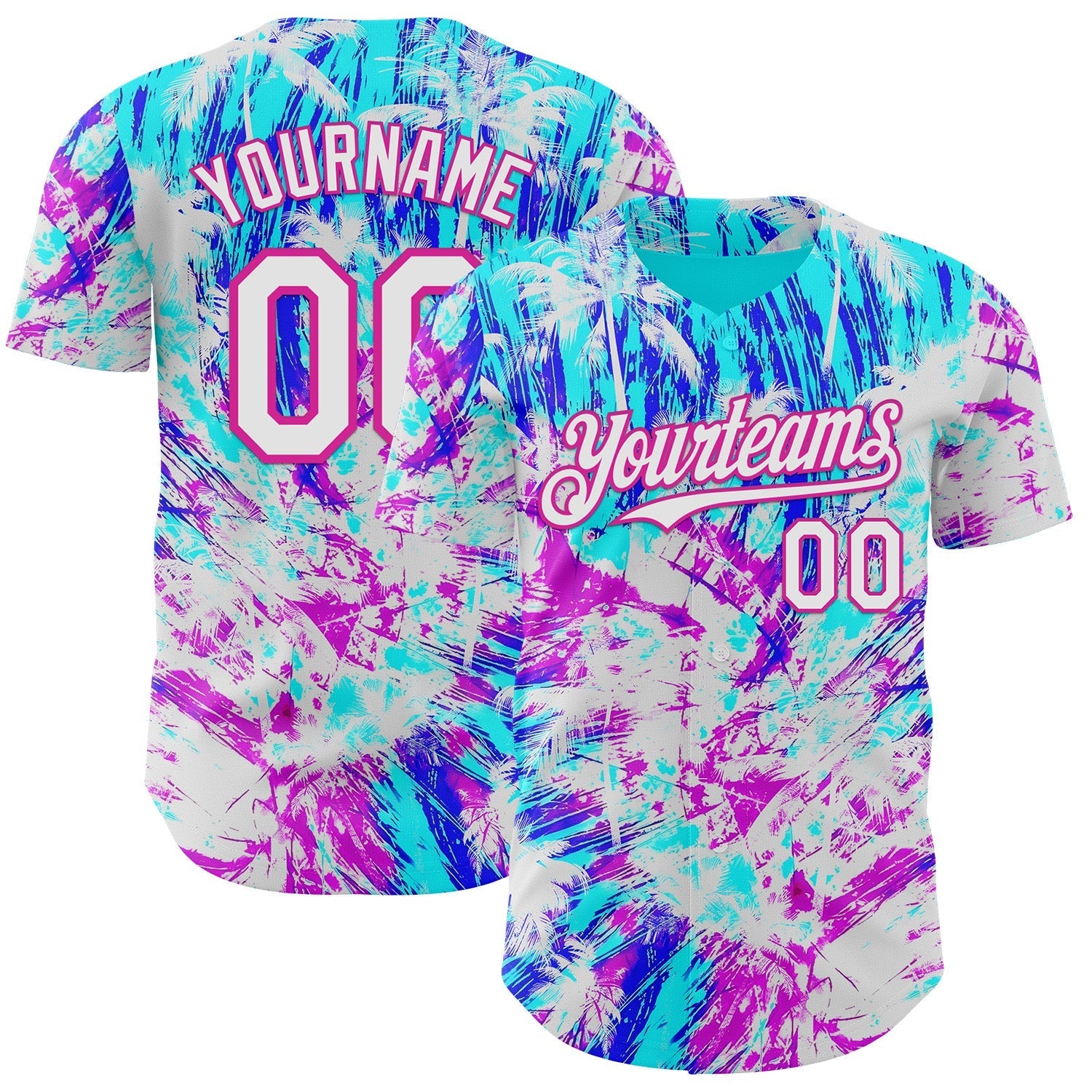 Custom Ice Blue White Blue-Deep Pink Cyber Tropical Palm Trees Music Festival Authentic Baseball Jersey baseball jersey product view 1