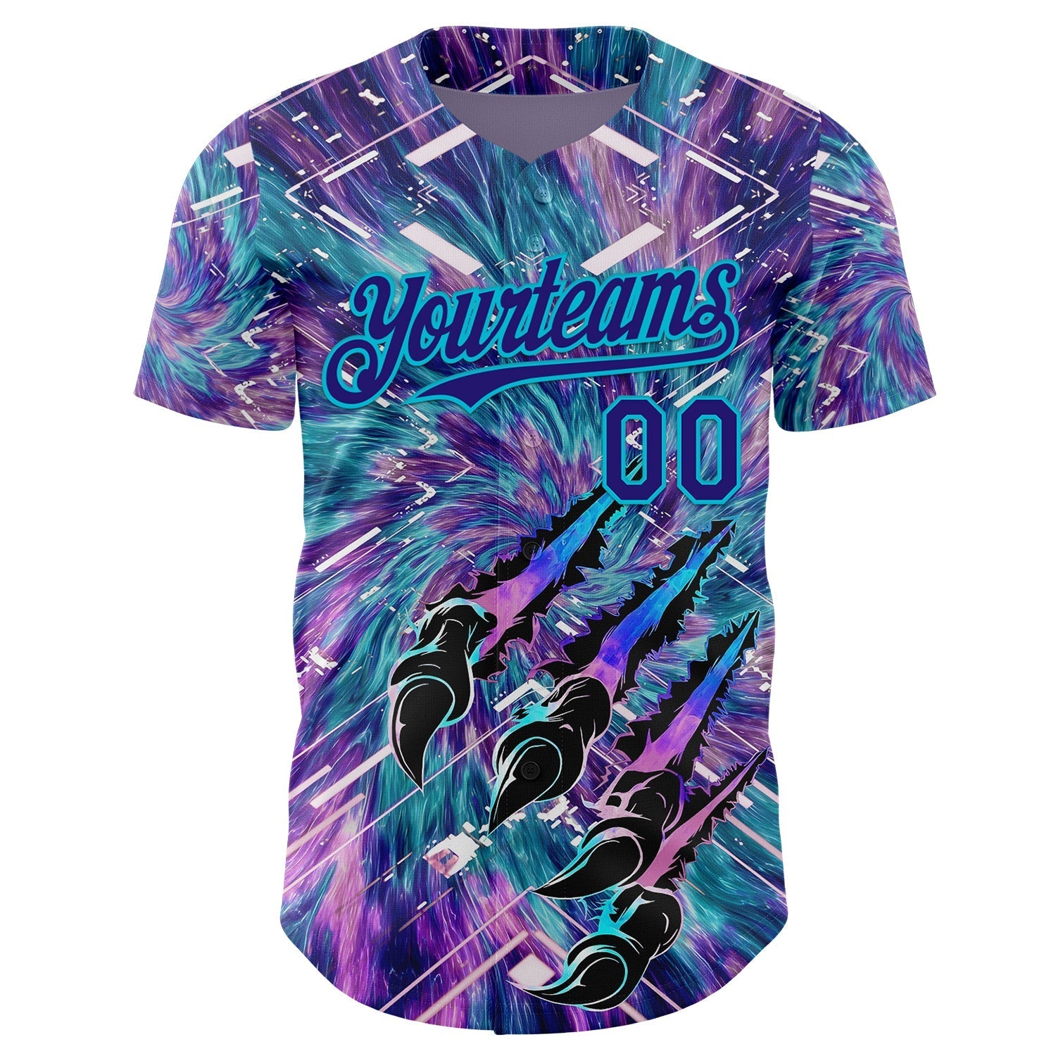 Custom Purple Dark Purple Black-Lakes Blue Cyber Tropical Palm Trees Music Festival Claw Marks Authentic Baseball Jersey baseball jersey product view 2