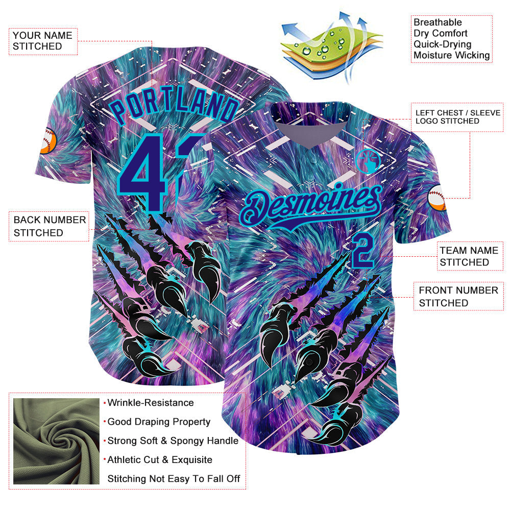 Custom Purple Dark Purple Black-Lakes Blue Cyber Tropical Palm Trees Music Festival Claw Marks Authentic Baseball Jersey baseball jersey product view 3