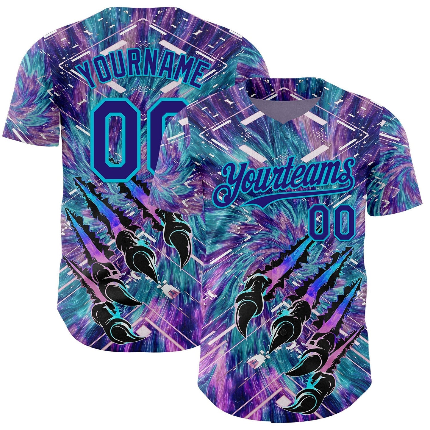 Custom Purple Dark Purple Black-Lakes Blue Cyber Tropical Palm Trees Music Festival Claw Marks Authentic Baseball Jersey baseball jersey product view 1
