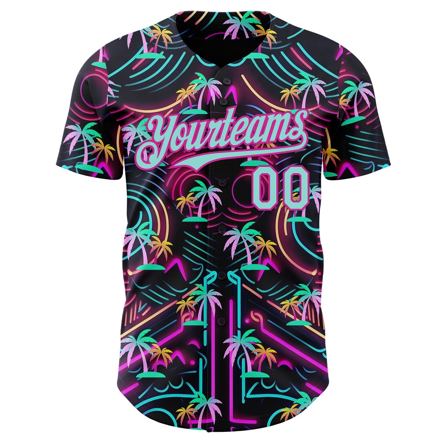 Custom Black Ice Blue-Deep Pink Cyber Tropical Palm Trees Music Festival Authentic Baseball Jersey baseball jersey product view 2