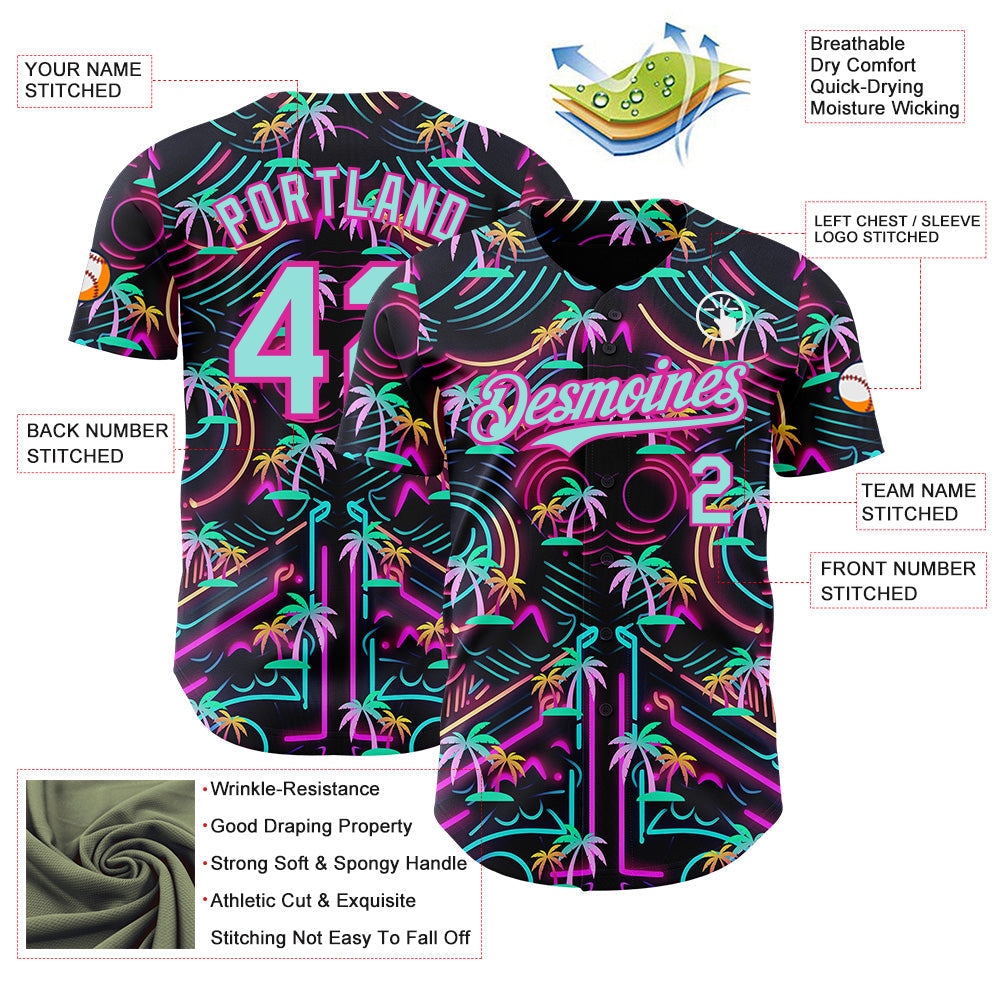 Custom Black Ice Blue-Deep Pink Cyber Tropical Palm Trees Music Festival Authentic Baseball Jersey baseball jersey product view 3