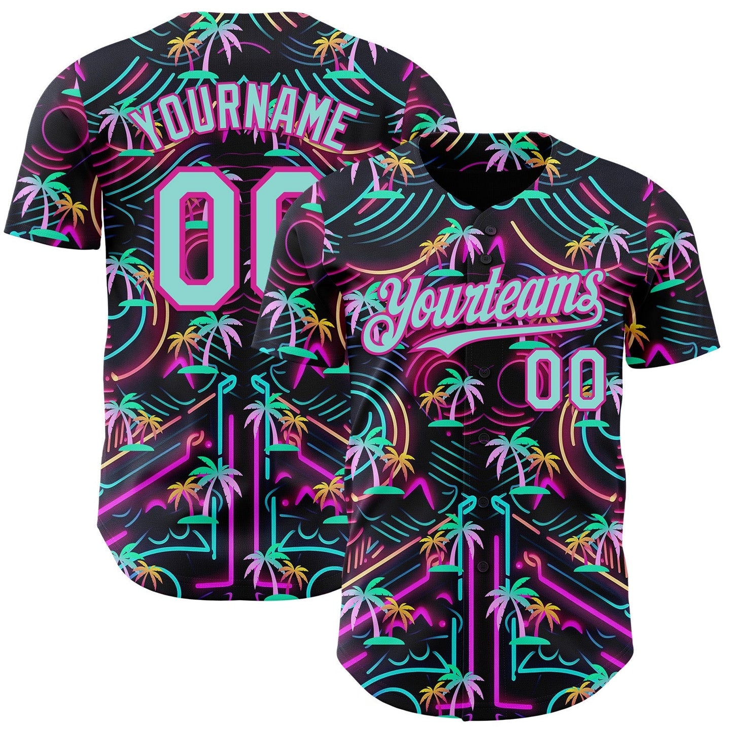 Custom Black Ice Blue-Deep Pink Cyber Tropical Palm Trees Music Festival Authentic Baseball Jersey baseball jersey product view 1