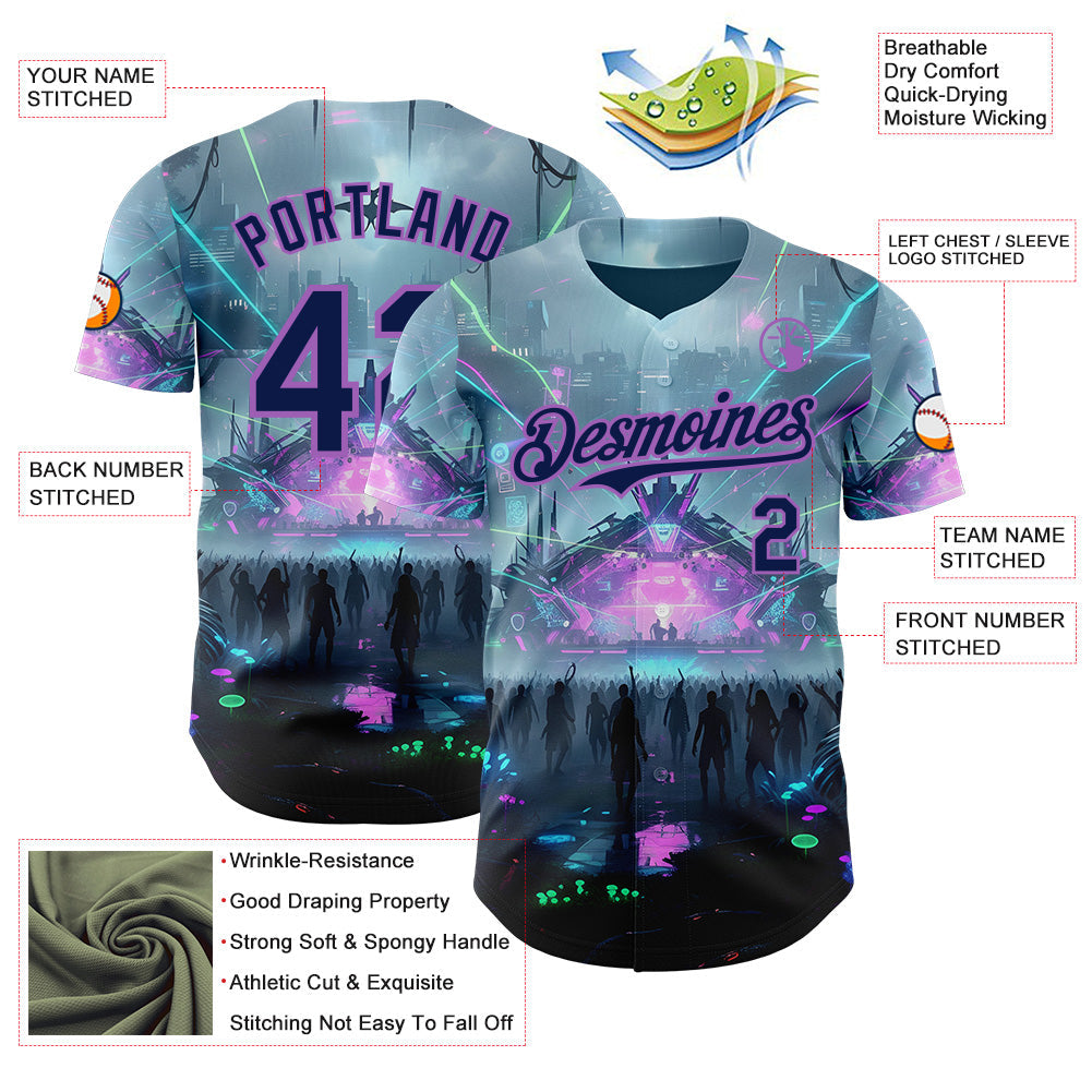 Custom Gray Navy Black-Medium Purple Cyber Tropical Palm Trees Music Festival Authentic Baseball Jersey baseball jersey product view 3
