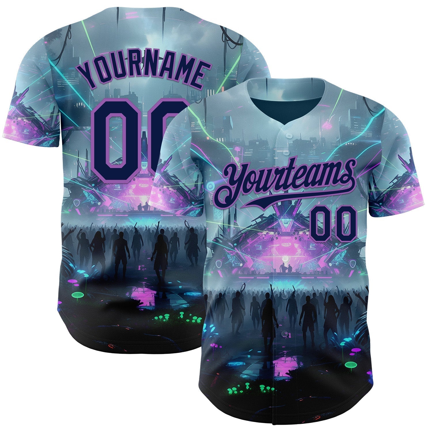 Custom Gray Navy Black-Medium Purple Cyber Tropical Palm Trees Music Festival Authentic Baseball Jersey baseball jersey product view 1