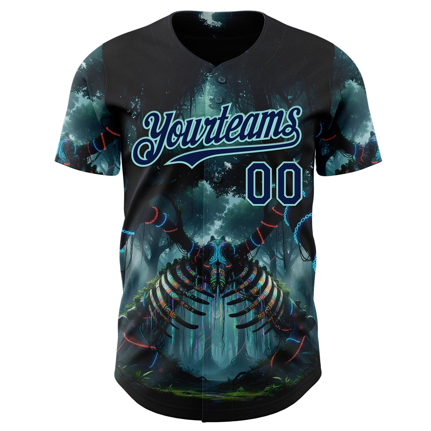 Custom Black Navy-Ice Blue Cyber Tropical Palm Trees Gothic Fantasy Authentic Baseball Jersey baseball jersey product view 2