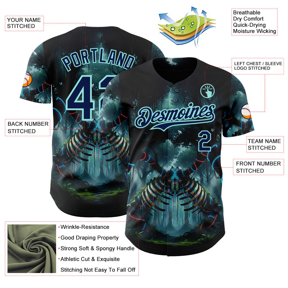 Custom Black Navy-Ice Blue Cyber Tropical Palm Trees Gothic Fantasy Authentic Baseball Jersey baseball jersey product view 3