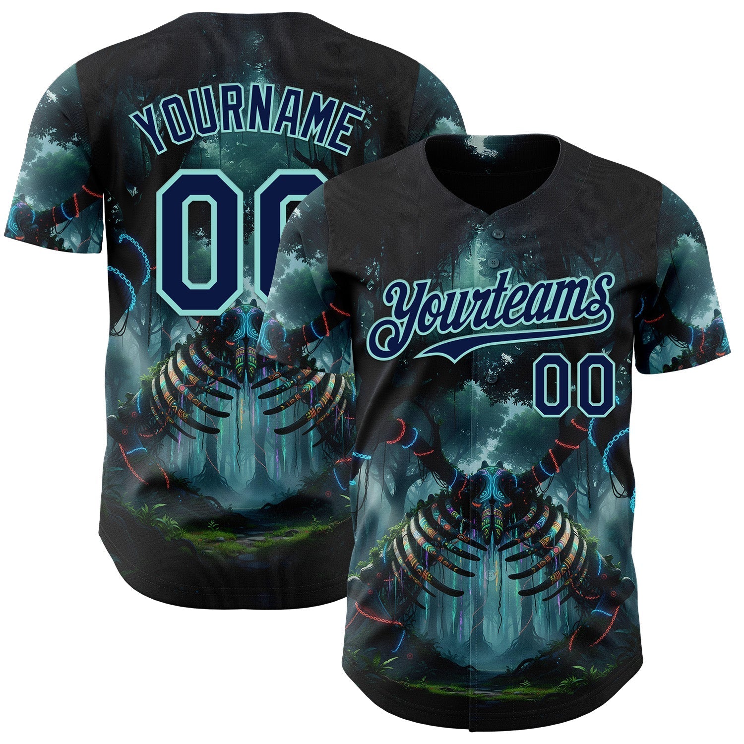 Custom Black Navy-Ice Blue Cyber Tropical Palm Trees Gothic Fantasy Authentic Baseball Jersey baseball jersey product view 1
