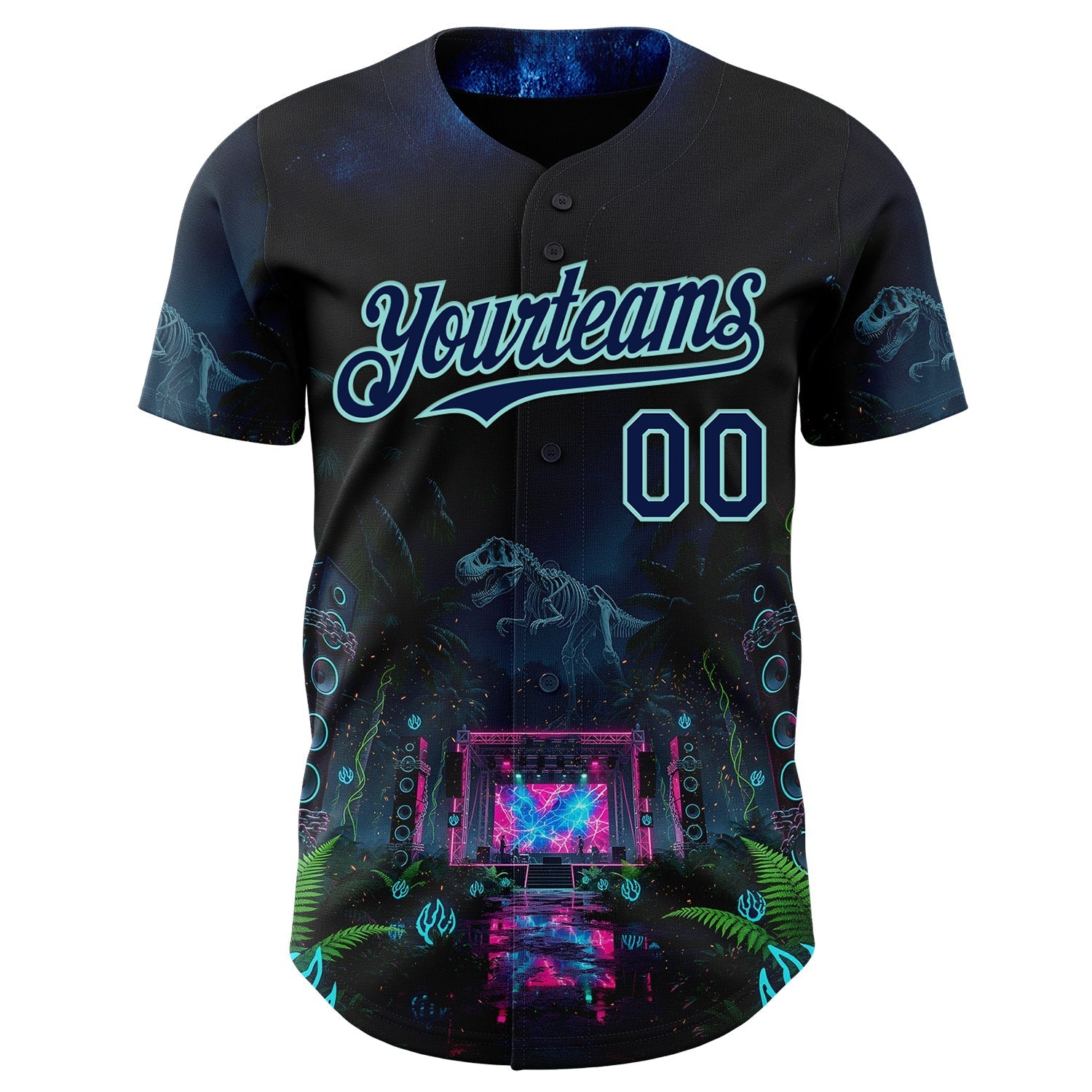 Custom Black Navy-Ice Blue Cyber Tropical Palm Trees Music Festival Gothic Fantasy Authentic Baseball Jersey baseball jersey product view 2