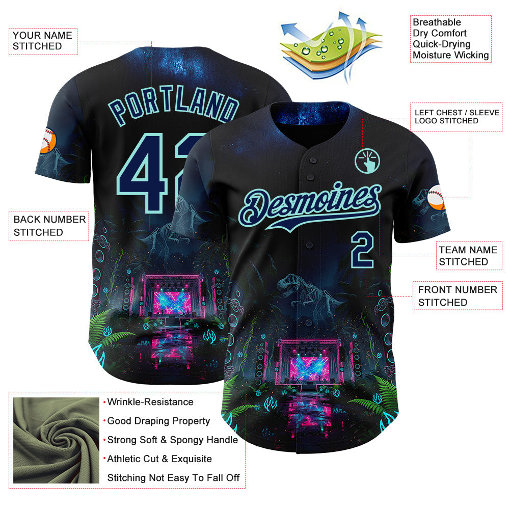 Custom Black Navy-Ice Blue Cyber Tropical Palm Trees Music Festival Gothic Fantasy Authentic Baseball Jersey baseball jersey product view 3