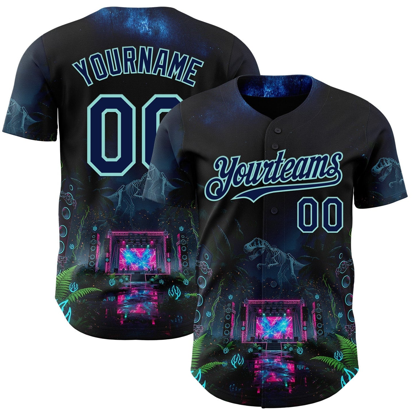 Custom Black Navy-Ice Blue Cyber Tropical Palm Trees Music Festival Gothic Fantasy Authentic Baseball Jersey baseball jersey product view 1