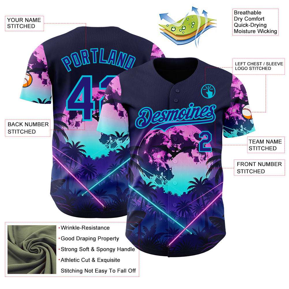 Custom Blue Dark Purple-Lakes Blue Cyber Tropical Palm Trees Gothic Fantasy Authentic Baseball Jersey baseball jersey product view 3