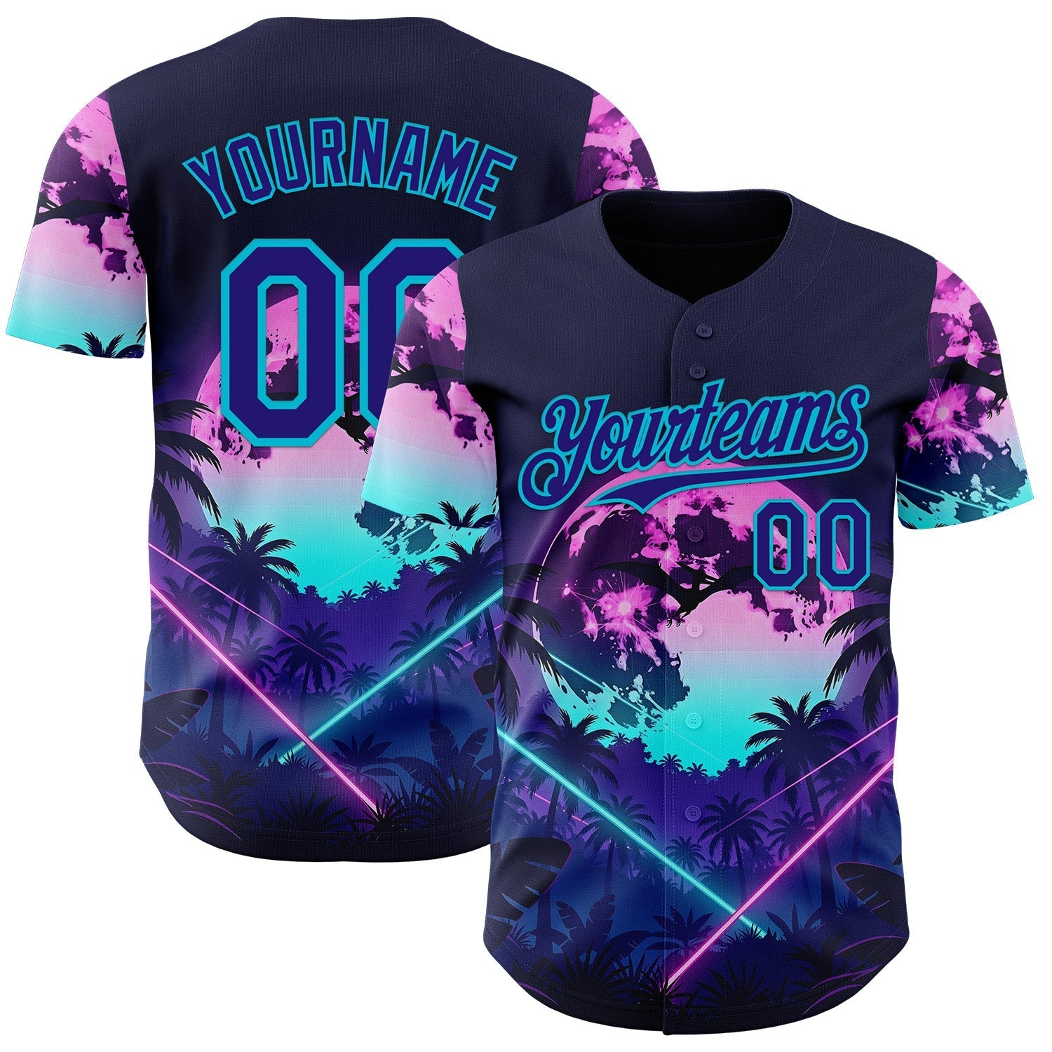 Custom Blue Dark Purple-Lakes Blue Cyber Tropical Palm Trees Gothic Fantasy Authentic Baseball Jersey baseball jersey product view 1