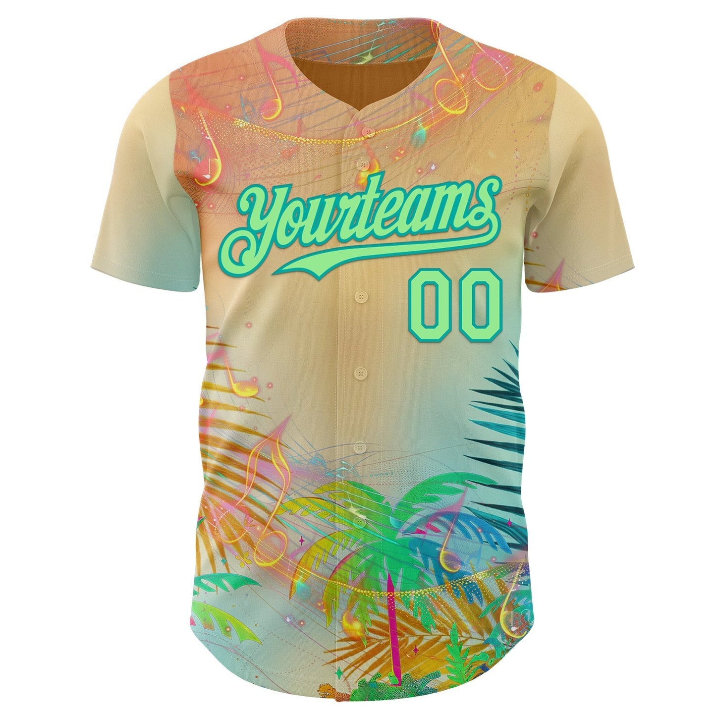 Custom Yellow Pea Green-Aqua Cyber Tropical Palm Trees Music Festival Authentic Baseball Jersey baseball jersey product view 2