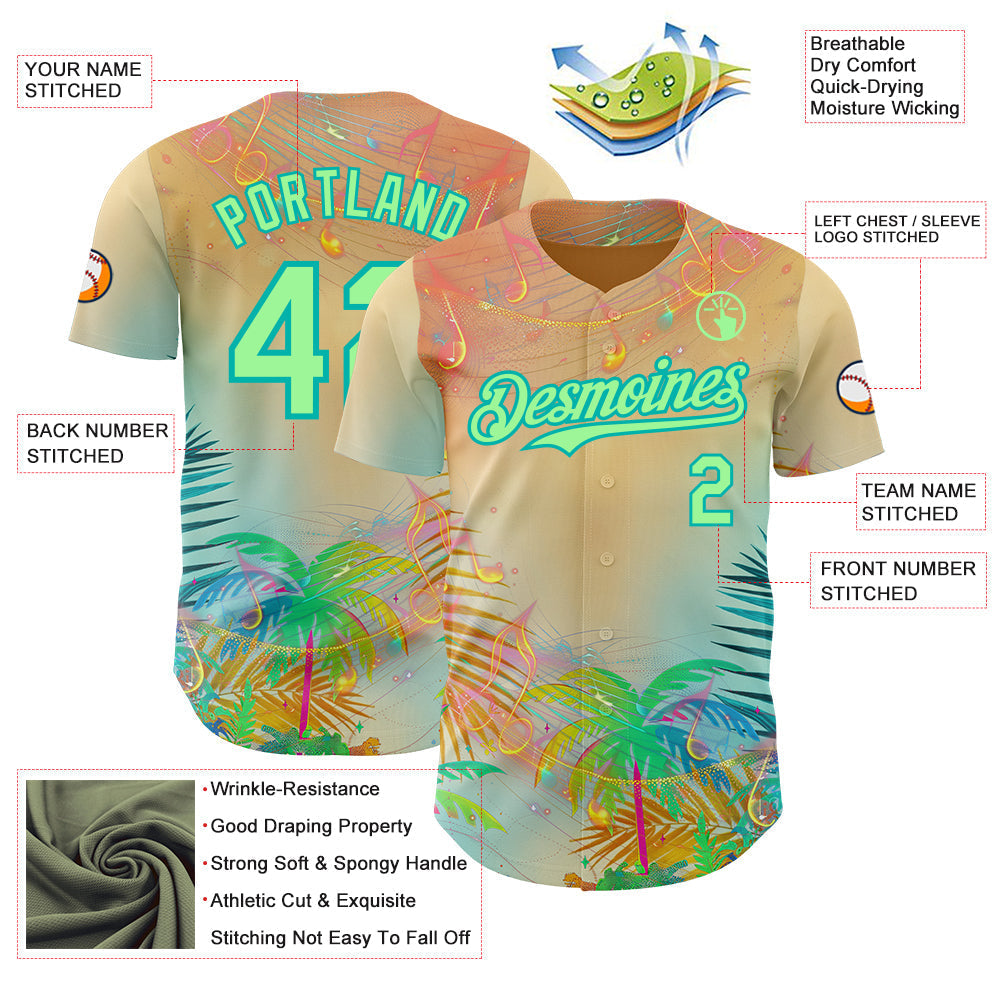 Custom Yellow Pea Green-Aqua Cyber Tropical Palm Trees Music Festival Authentic Baseball Jersey baseball jersey product view 3