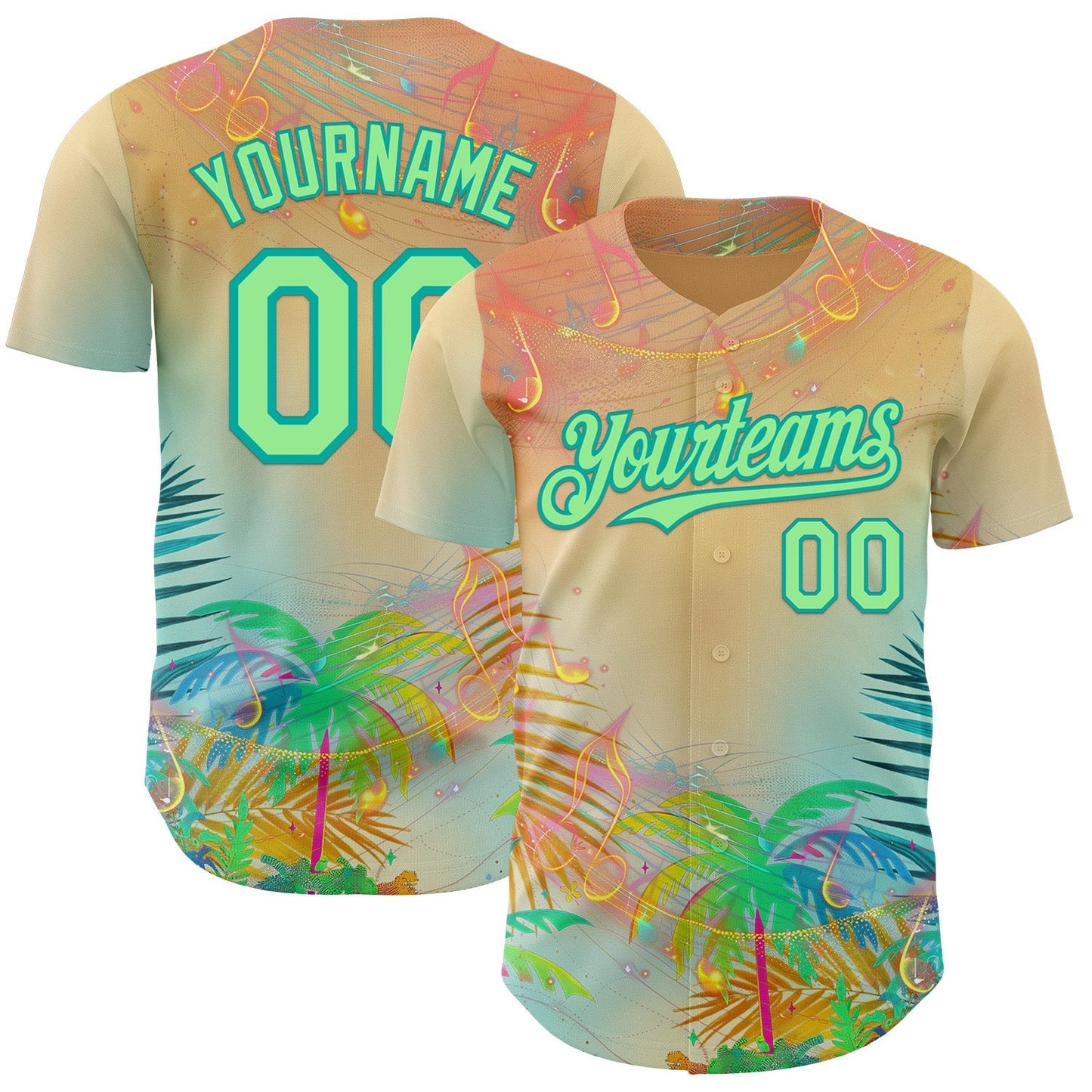 Custom Yellow Pea Green-Aqua Cyber Tropical Palm Trees Music Festival Authentic Baseball Jersey baseball jersey product view 1