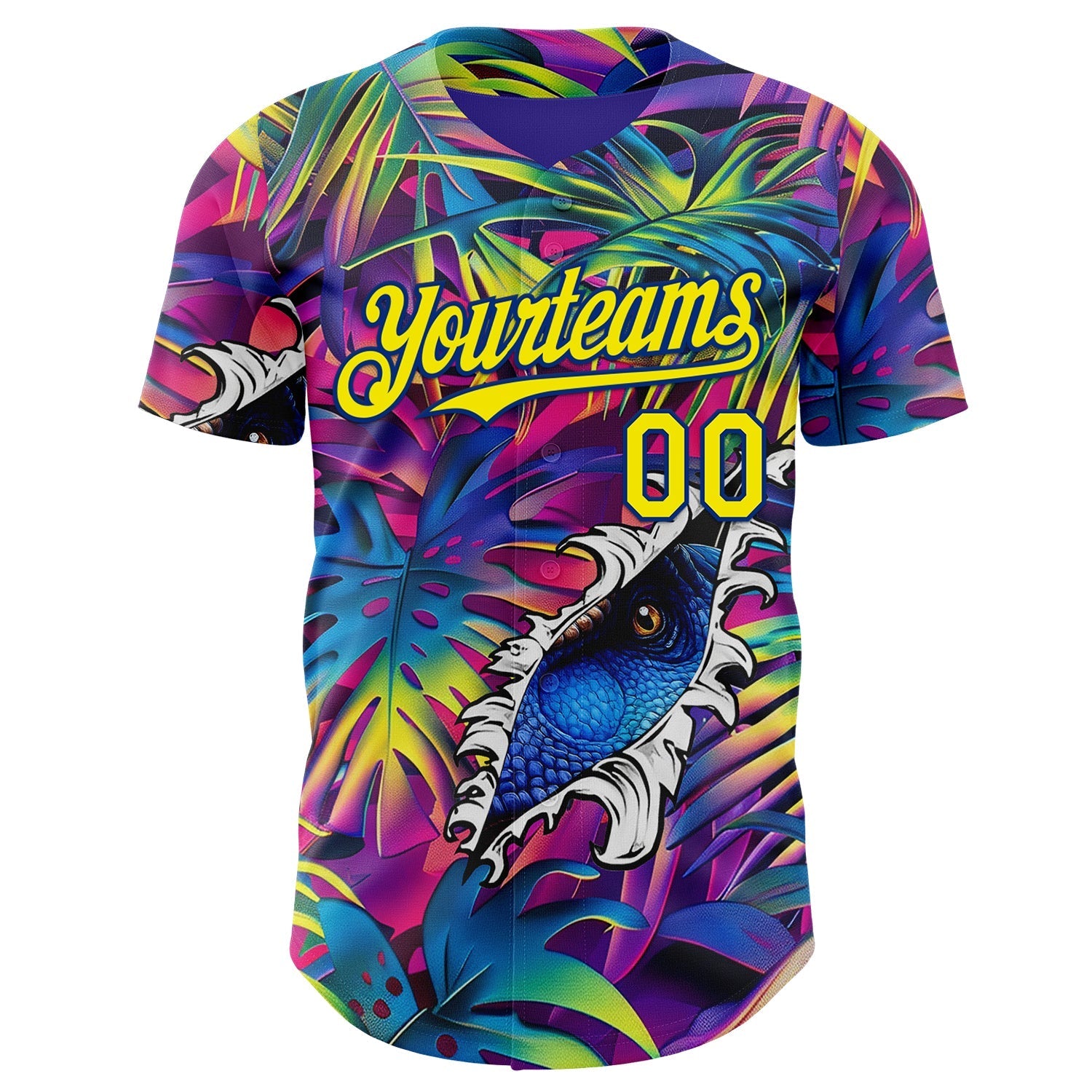 Custom Purple Light Yellow-Royal Cyber Tropical Palm Trees Music Festival Gothic Fantasy Authentic Baseball Jersey baseball jersey product view 2