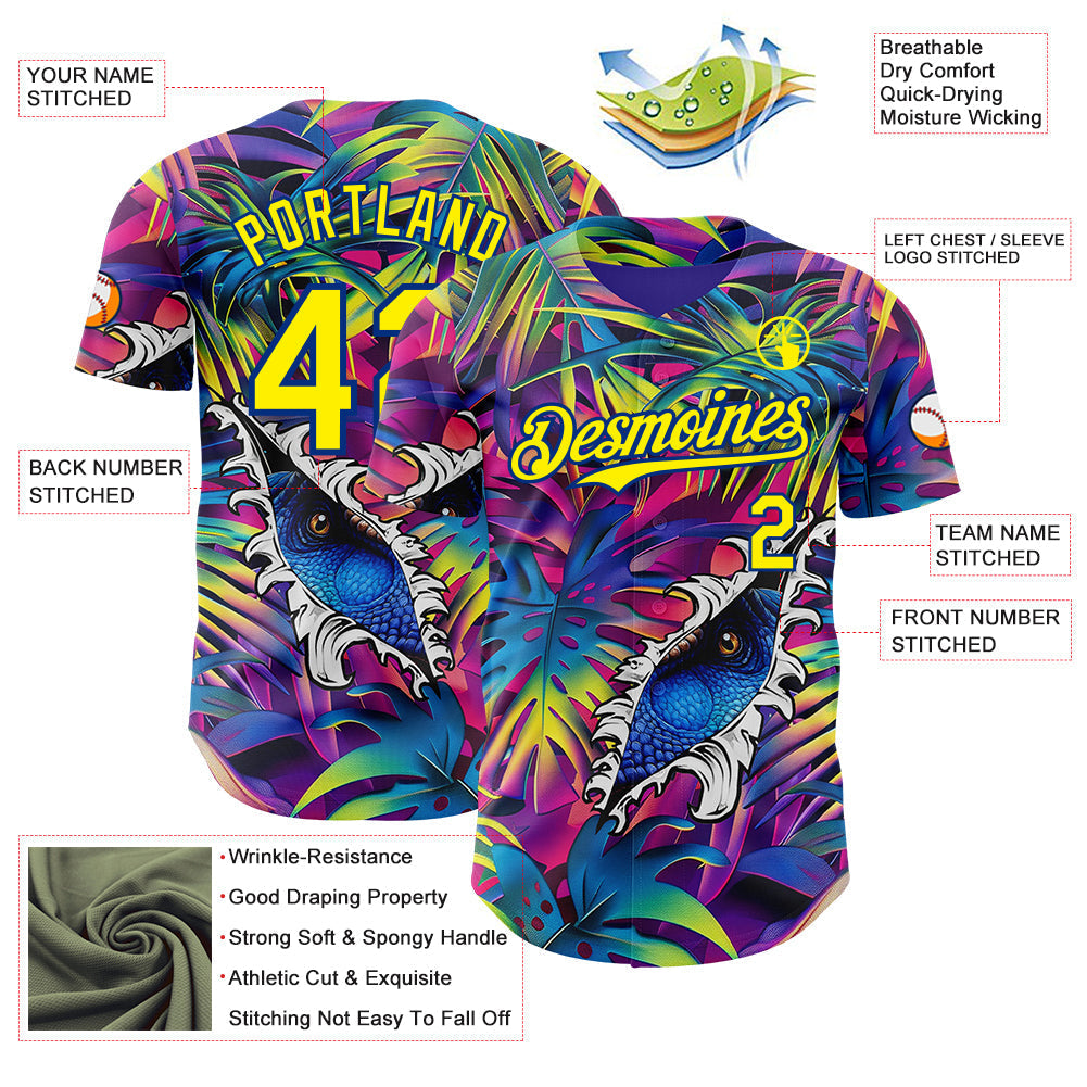 Custom Purple Light Yellow-Royal Cyber Tropical Palm Trees Music Festival Gothic Fantasy Authentic Baseball Jersey baseball jersey product view 3