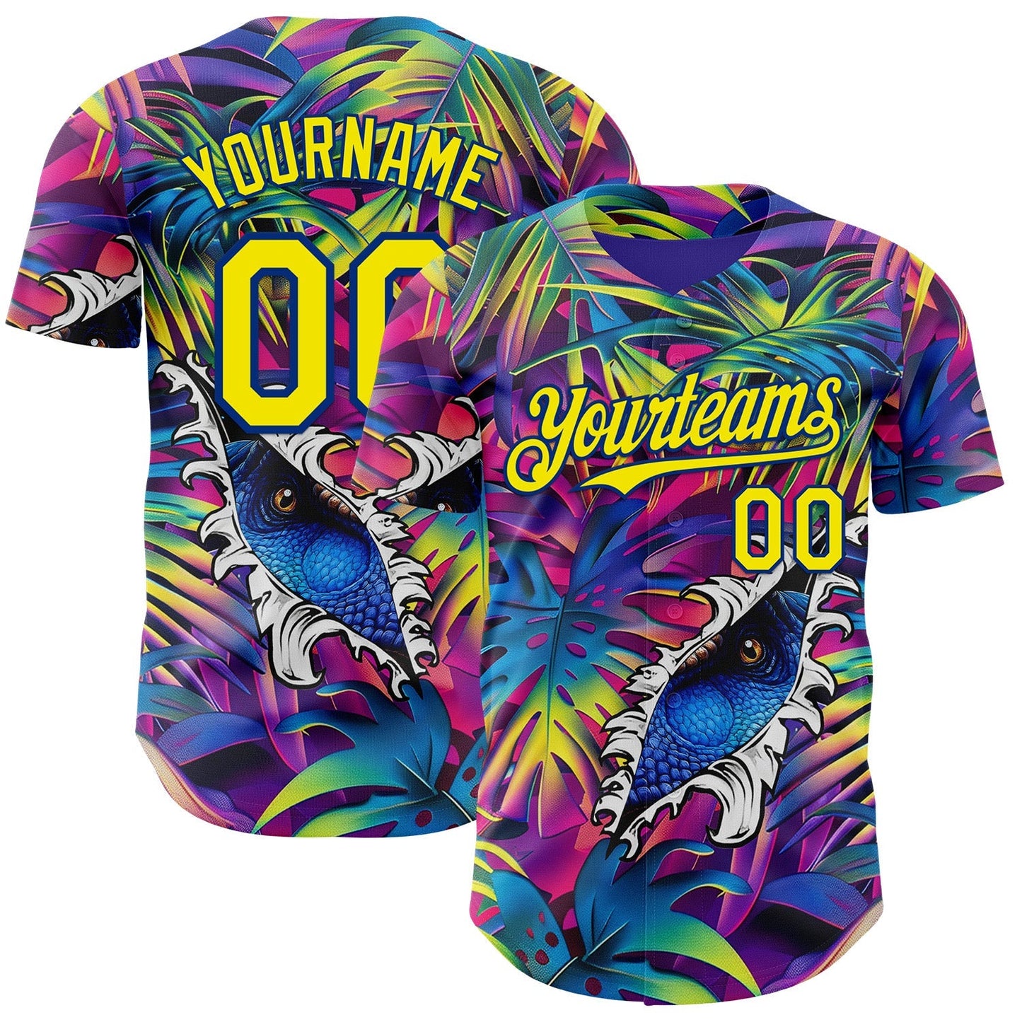 Custom Purple Light Yellow-Royal Cyber Tropical Palm Trees Music Festival Gothic Fantasy Authentic Baseball Jersey baseball jersey product view 1
