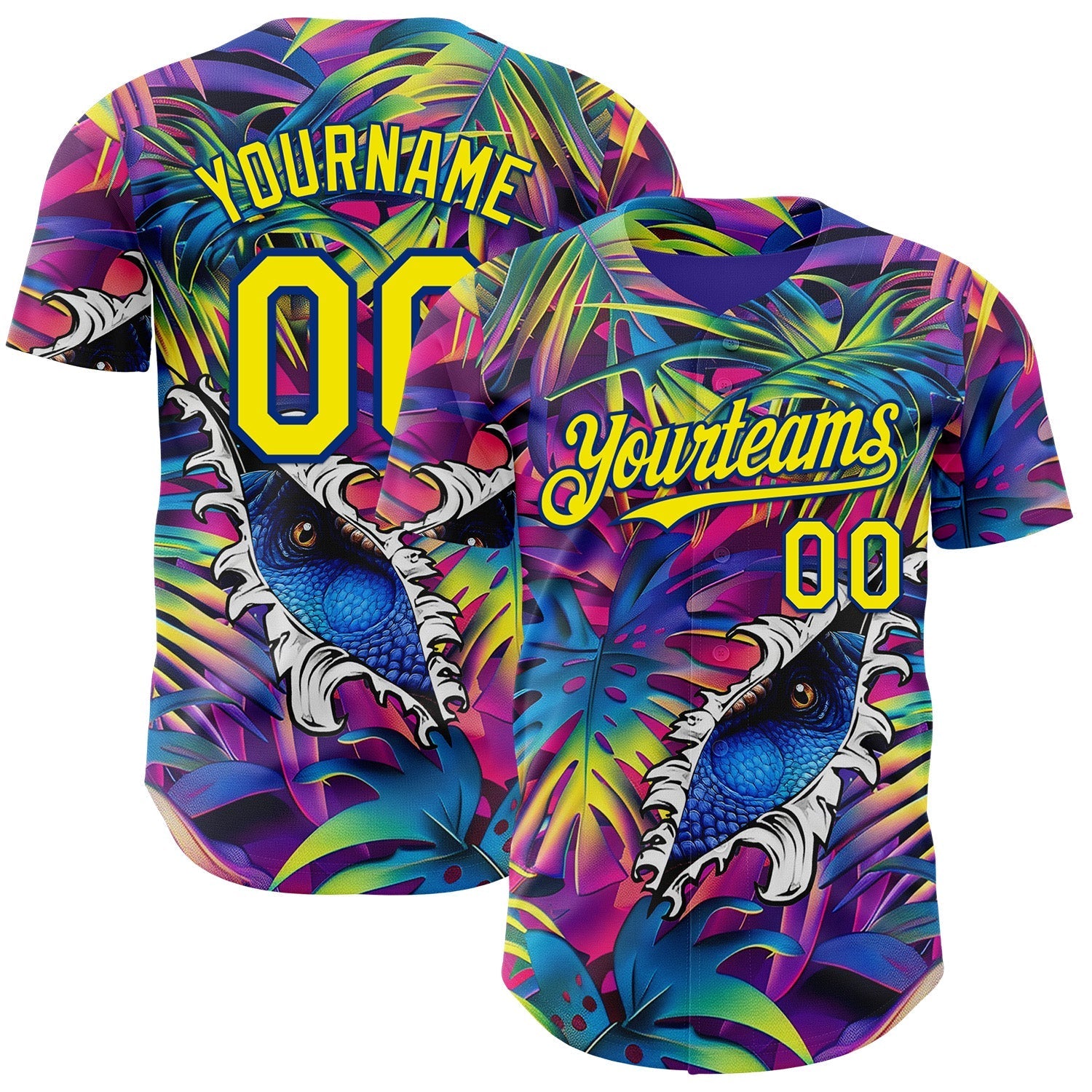 Custom Purple Light Yellow-Royal Cyber Tropical Palm Trees Music Festival Gothic Fantasy Authentic Baseball Jersey baseball jersey product view 1