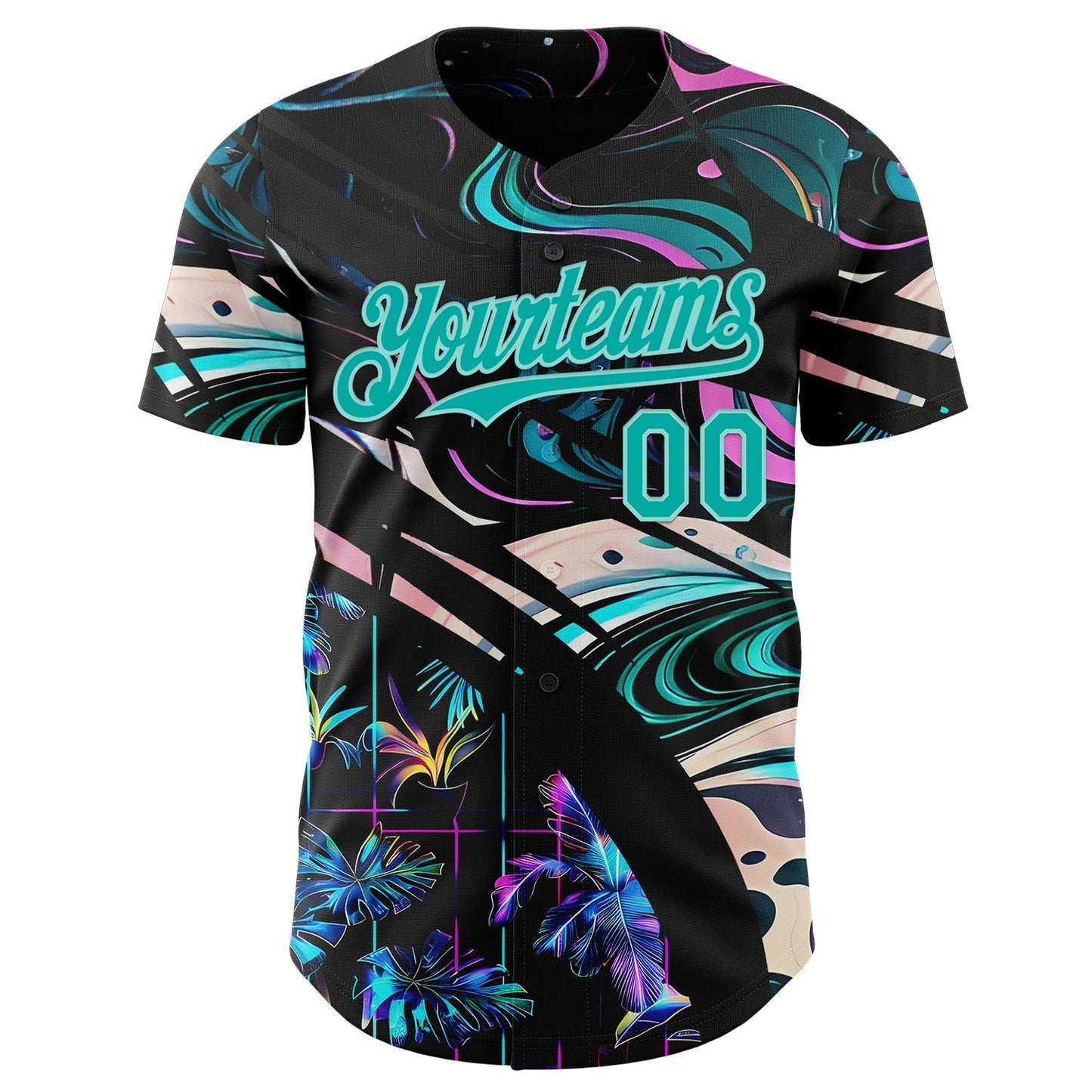 Custom Black Aqua-Ice Blue Cyber Tropical Palm Trees Music Festival Fluid Liquid Authentic Baseball Jersey baseball jersey product view 2
