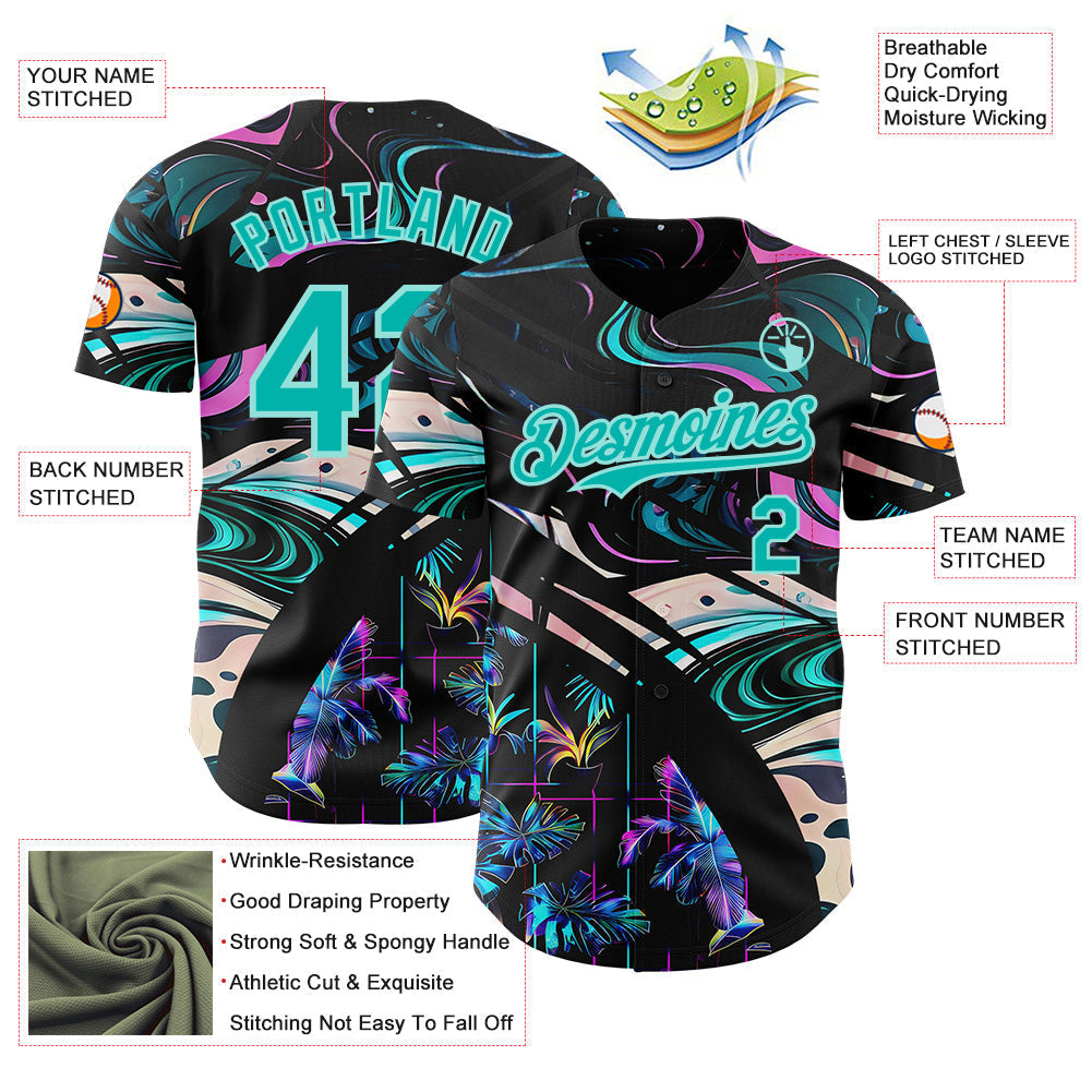 Custom Black Aqua-Ice Blue Cyber Tropical Palm Trees Music Festival Fluid Liquid Authentic Baseball Jersey baseball jersey product view 3