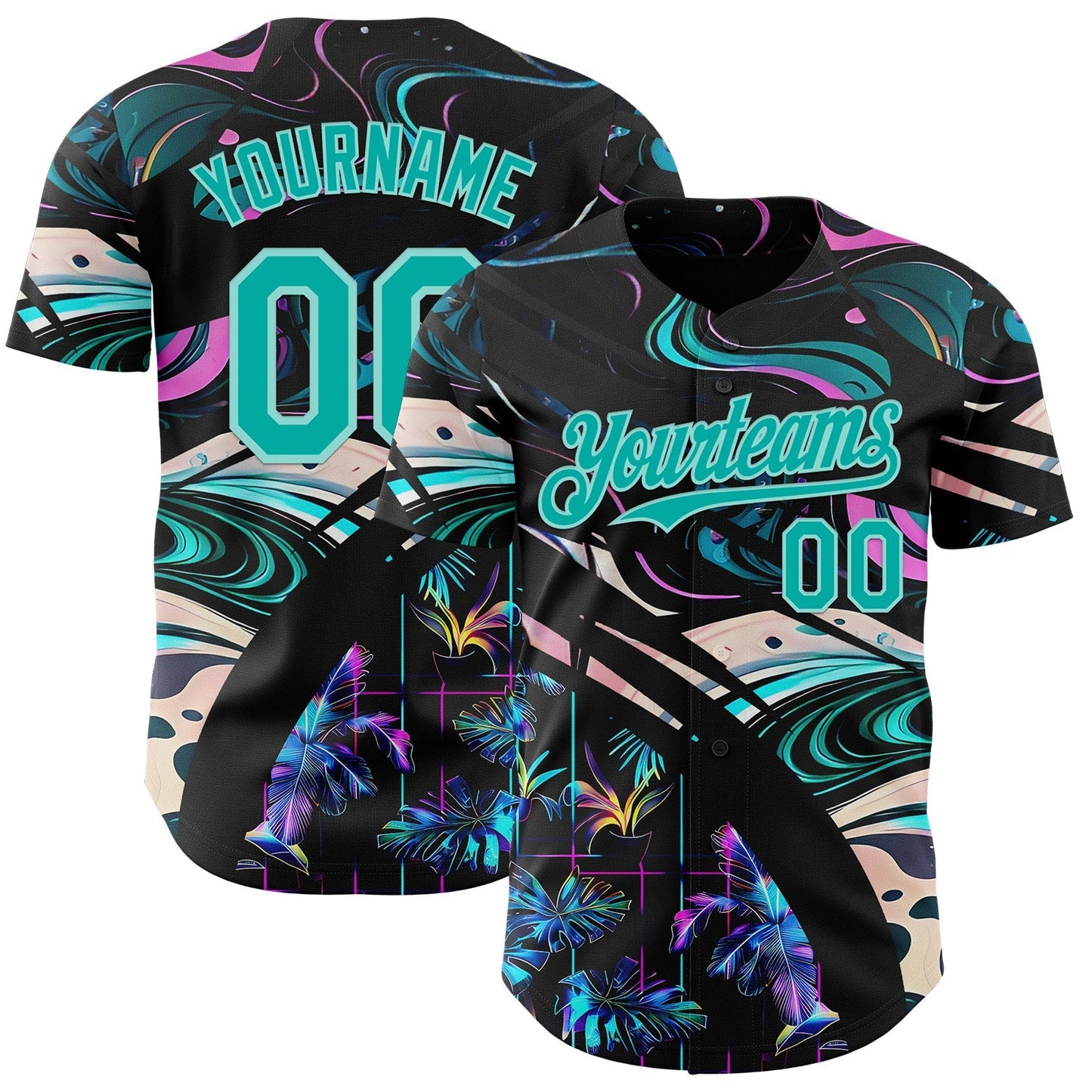 Custom Black Aqua-Ice Blue Cyber Tropical Palm Trees Music Festival Fluid Liquid Authentic Baseball Jersey baseball jersey product view 1