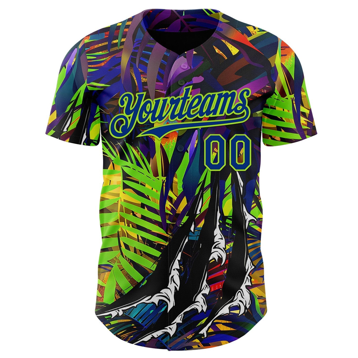 Custom Black Royal-Neon Green Cyber Tropical Palm Trees Music Festival Claw Marks Authentic Baseball Jersey baseball jersey product view 2