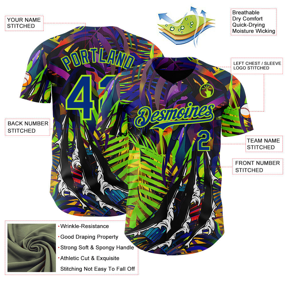Custom Black Royal-Neon Green Cyber Tropical Palm Trees Music Festival Claw Marks Authentic Baseball Jersey baseball jersey product view 3