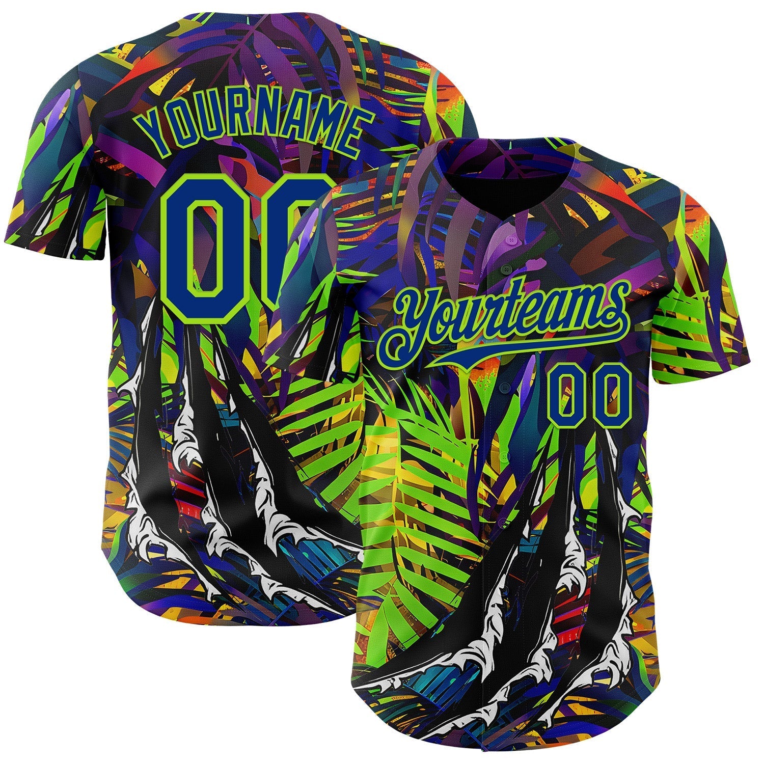 Custom Black Royal-Neon Green Cyber Tropical Palm Trees Music Festival Claw Marks Authentic Baseball Jersey baseball jersey product view 1