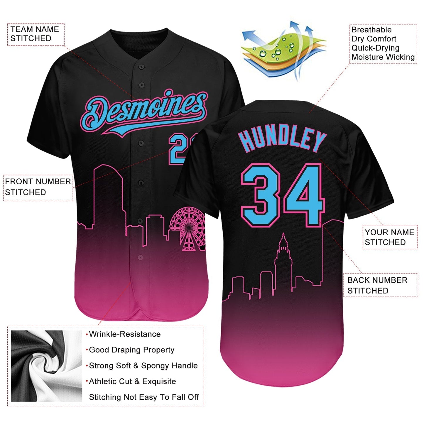 Custom Black Sky Blue-Pink 3D Miami City Edition Fade Fashion Authentic Baseball Jersey baseball jersey product view 3