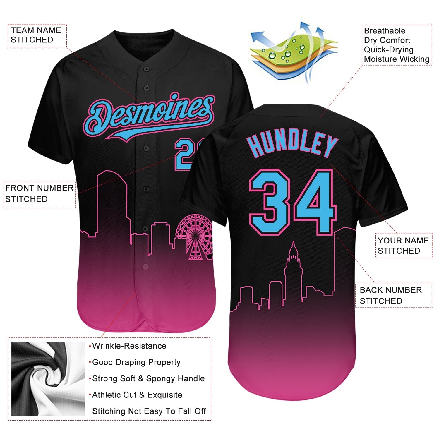 Custom Black Sky Blue-Pink 3D Miami City Edition Fade Fashion Authentic Baseball Jersey baseball jersey product view 3