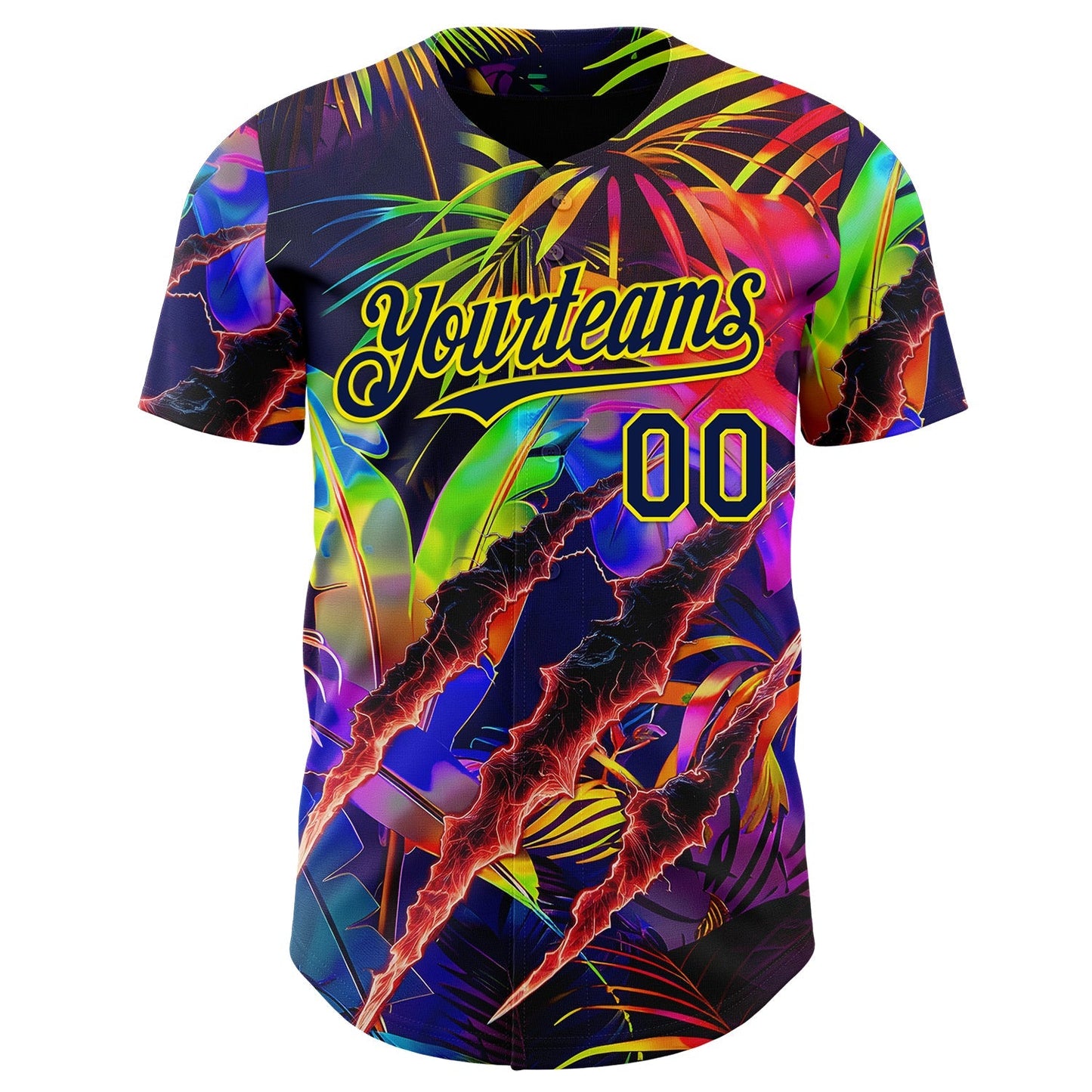 Custom Black Navy-Light Yellow Cyber Tropical Palm Trees Music Festival Claw Marks Authentic Baseball Jersey baseball jersey product view 2