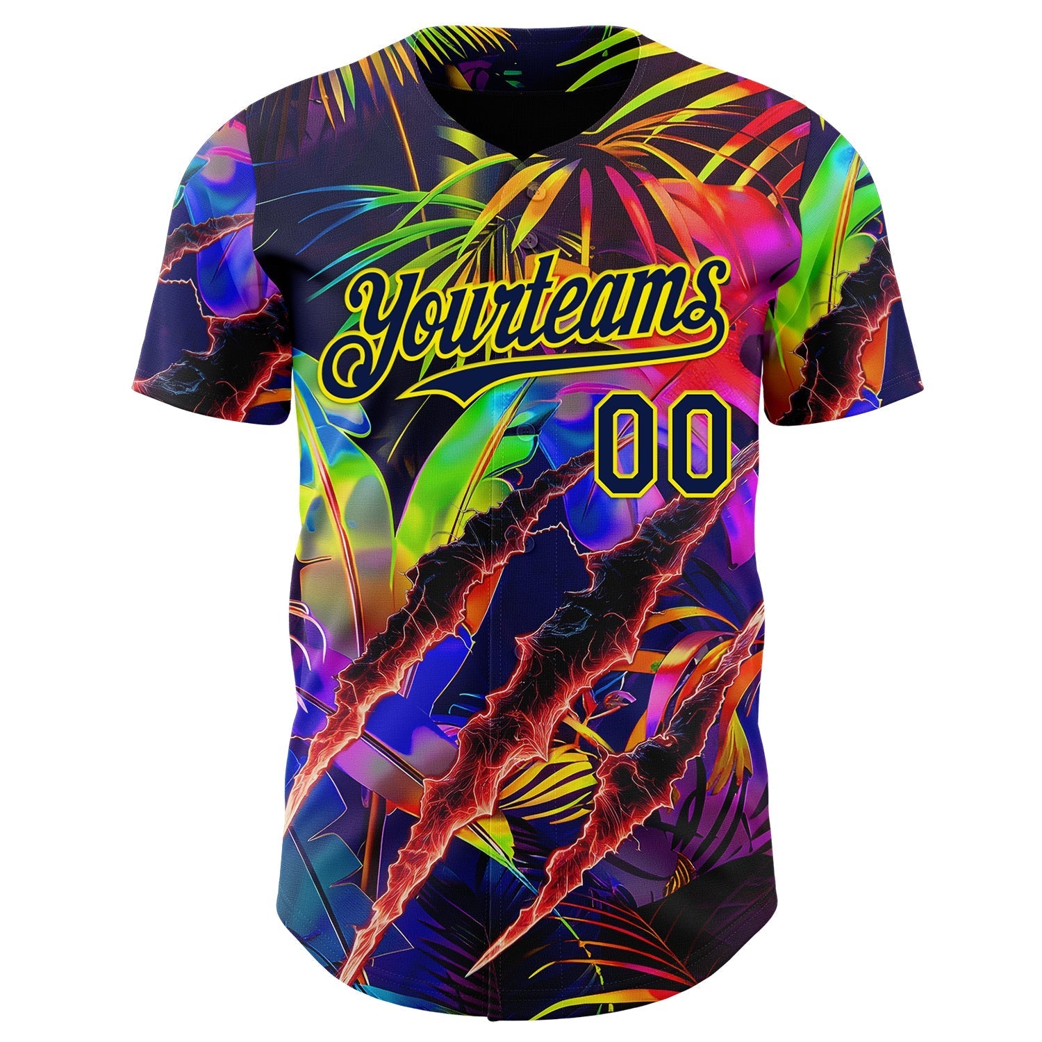Custom Black Navy-Light Yellow Cyber Tropical Palm Trees Music Festival Claw Marks Authentic Baseball Jersey baseball jersey product view 2