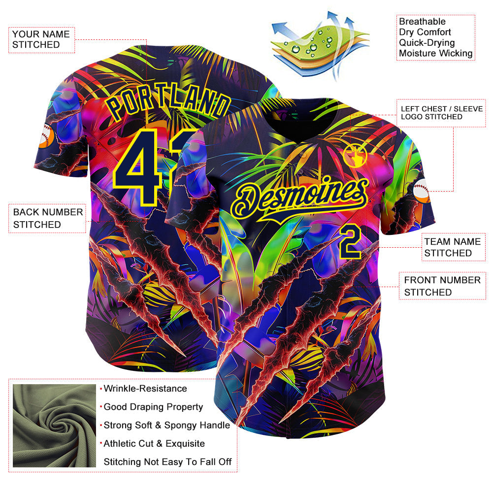 Custom Black Navy-Light Yellow Cyber Tropical Palm Trees Music Festival Claw Marks Authentic Baseball Jersey baseball jersey product view 3