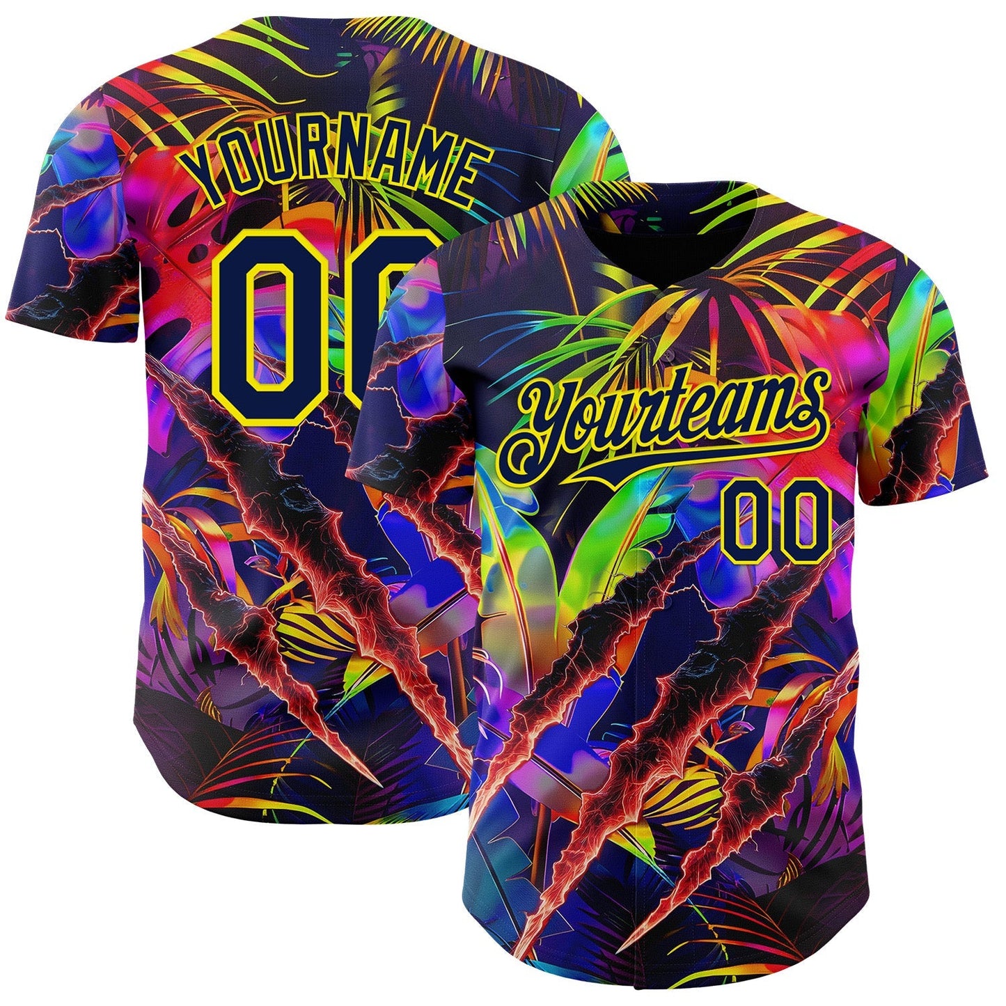 Custom Black Navy-Light Yellow Cyber Tropical Palm Trees Music Festival Claw Marks Authentic Baseball Jersey baseball jersey product view 1